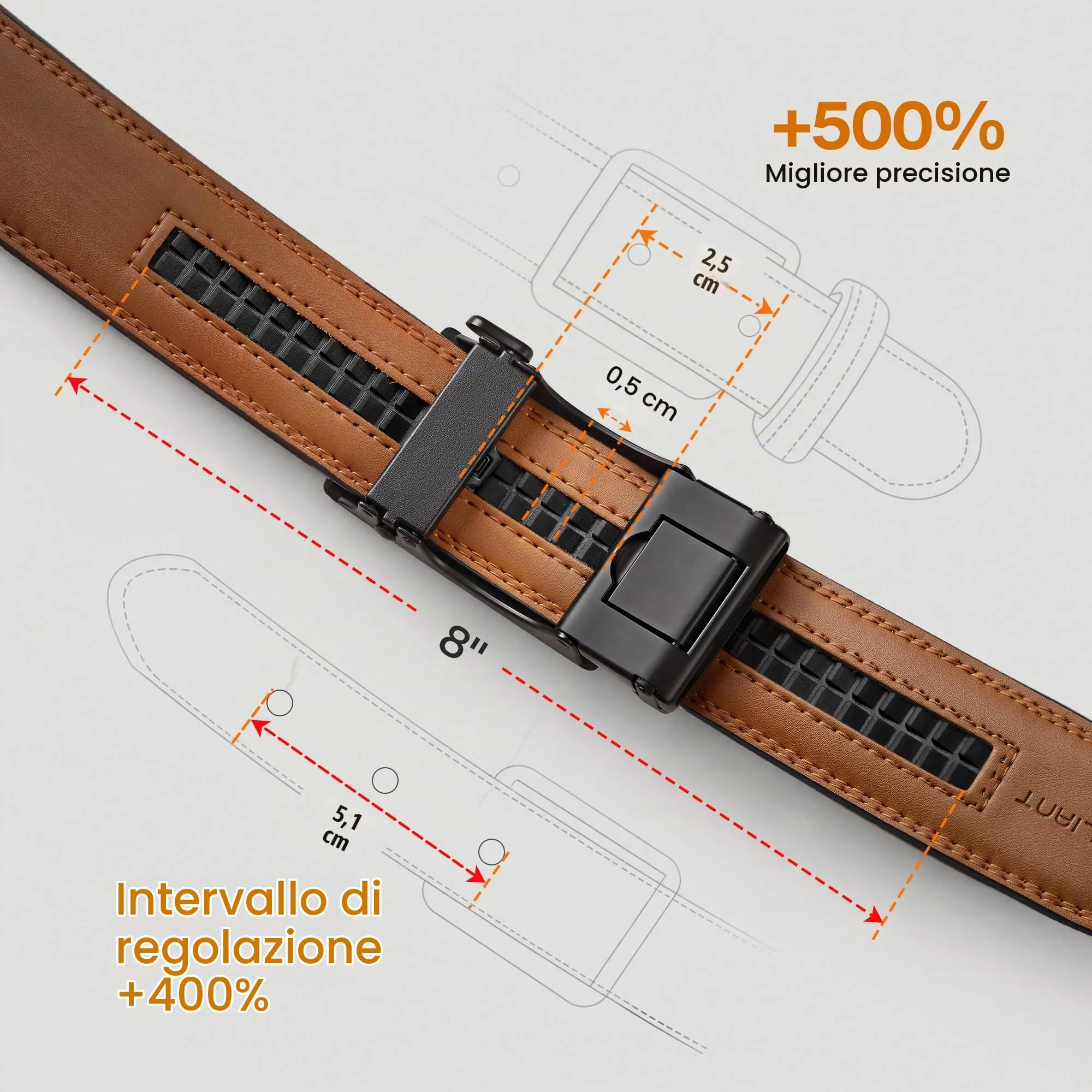BULLIANT Cintura Uomo in Pelle con Fibbia Automatica a Cricchetto 35mm, Nero, 125cm - immagine 4
