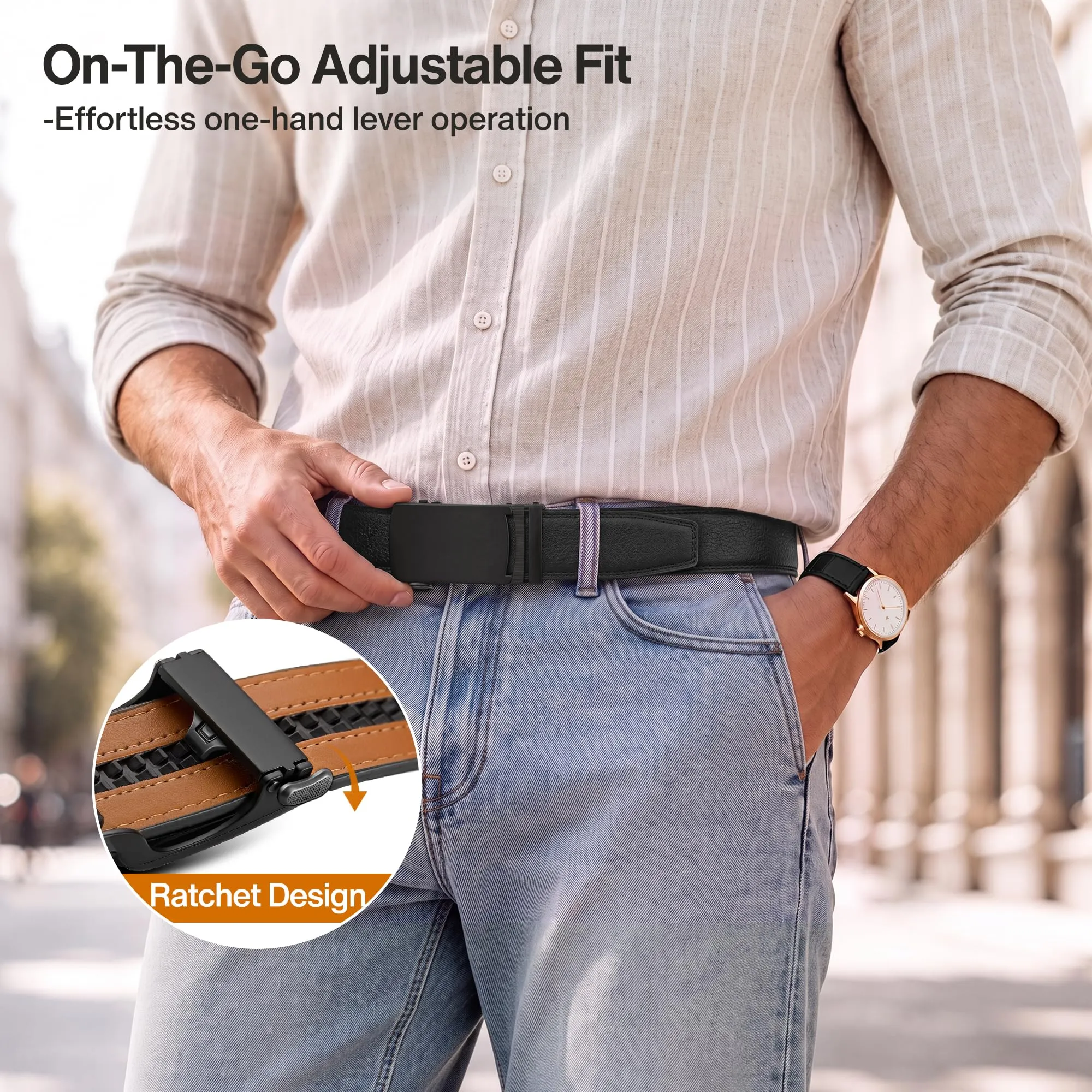 BULLIANT Cintura Uomo in Pelle con Fibbia Automatica a Cricchetto 35mm, Nero, 125cm - immagine 5
