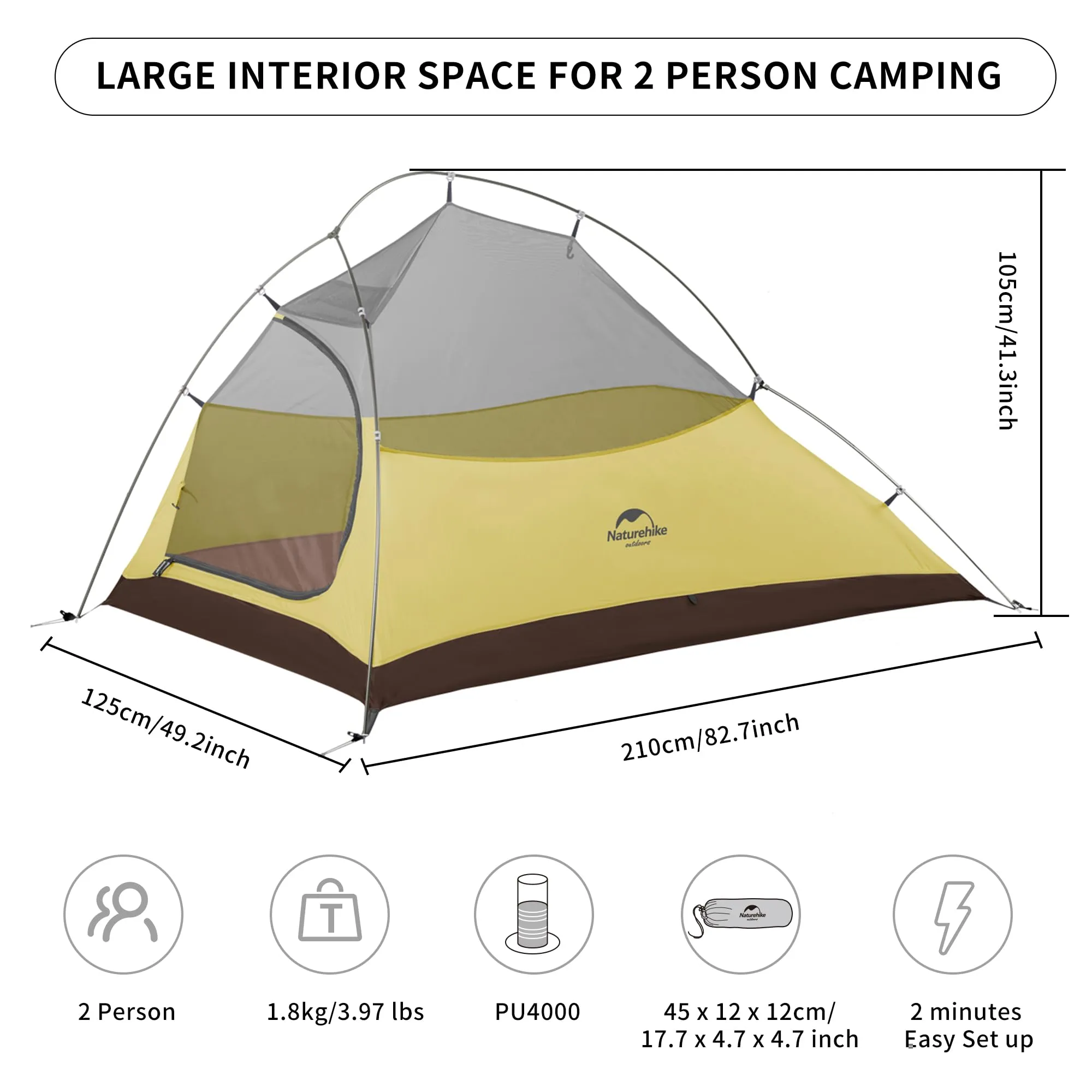 Naturehike Cloud Up 2 Tenda da Campeggio per 2 Persone, Impermeabile e Antivento, Ultraleggera per Trekking (Forest green) - immagine 2