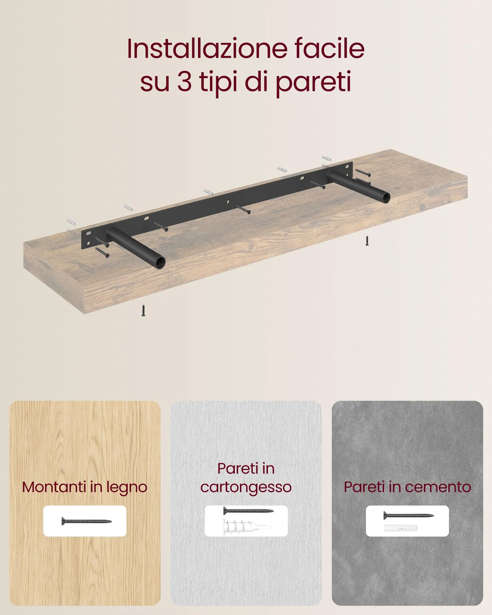 VASAGLE Mensola da Muro a Scomparsa, 80 x 20 x 3,8 cm, Marrone Vintage - immagine 6