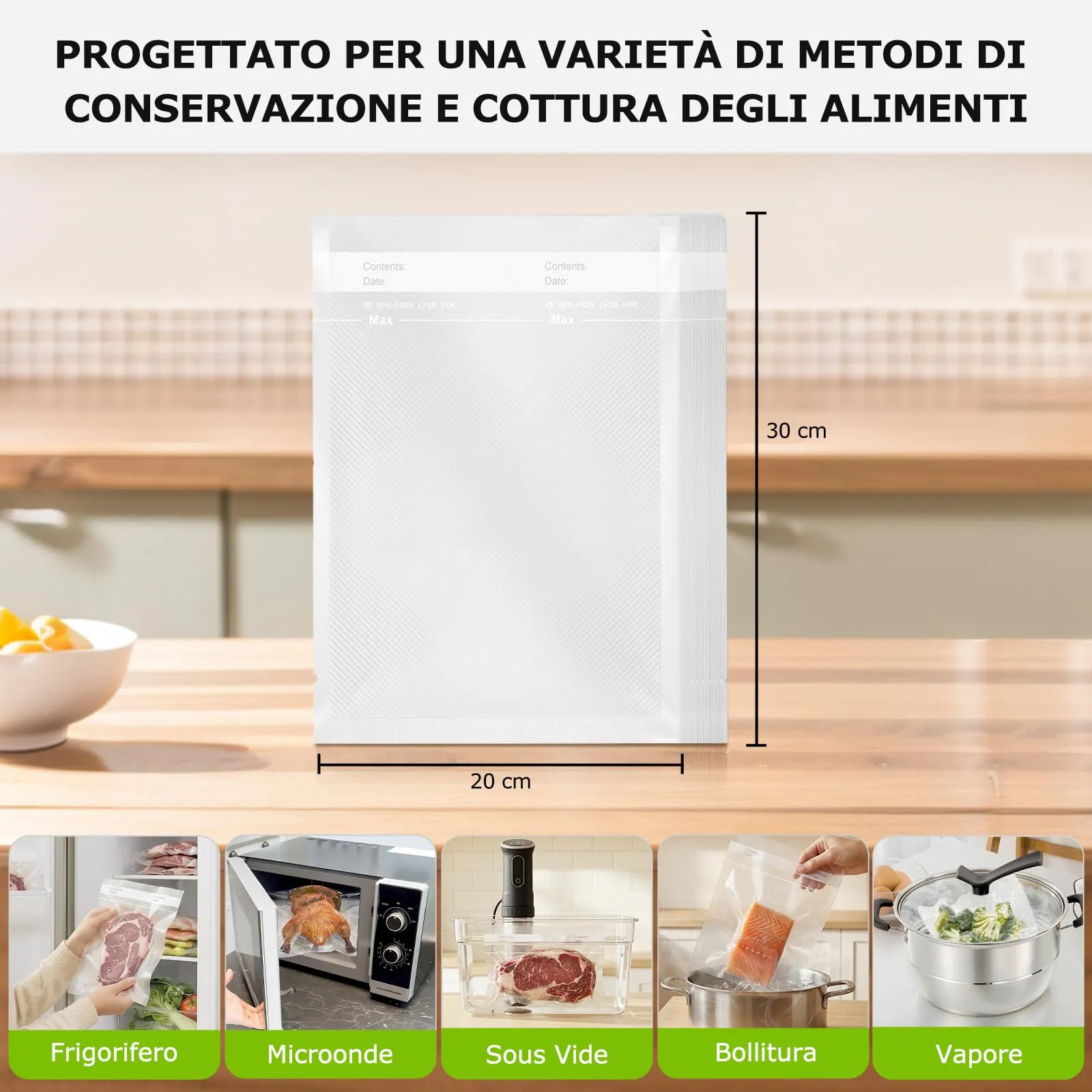 Bonsenkitchen Sacchetti Sottovuoto per Alimenti, 100 Buste 20x30 cm - immagine 2