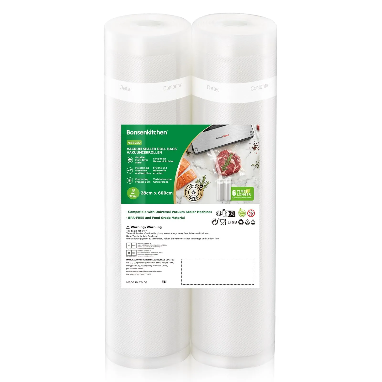 Bonsenkitchen Sacchetti Sottovuoto, 2 rotoli 28x600 cm - immagine 1