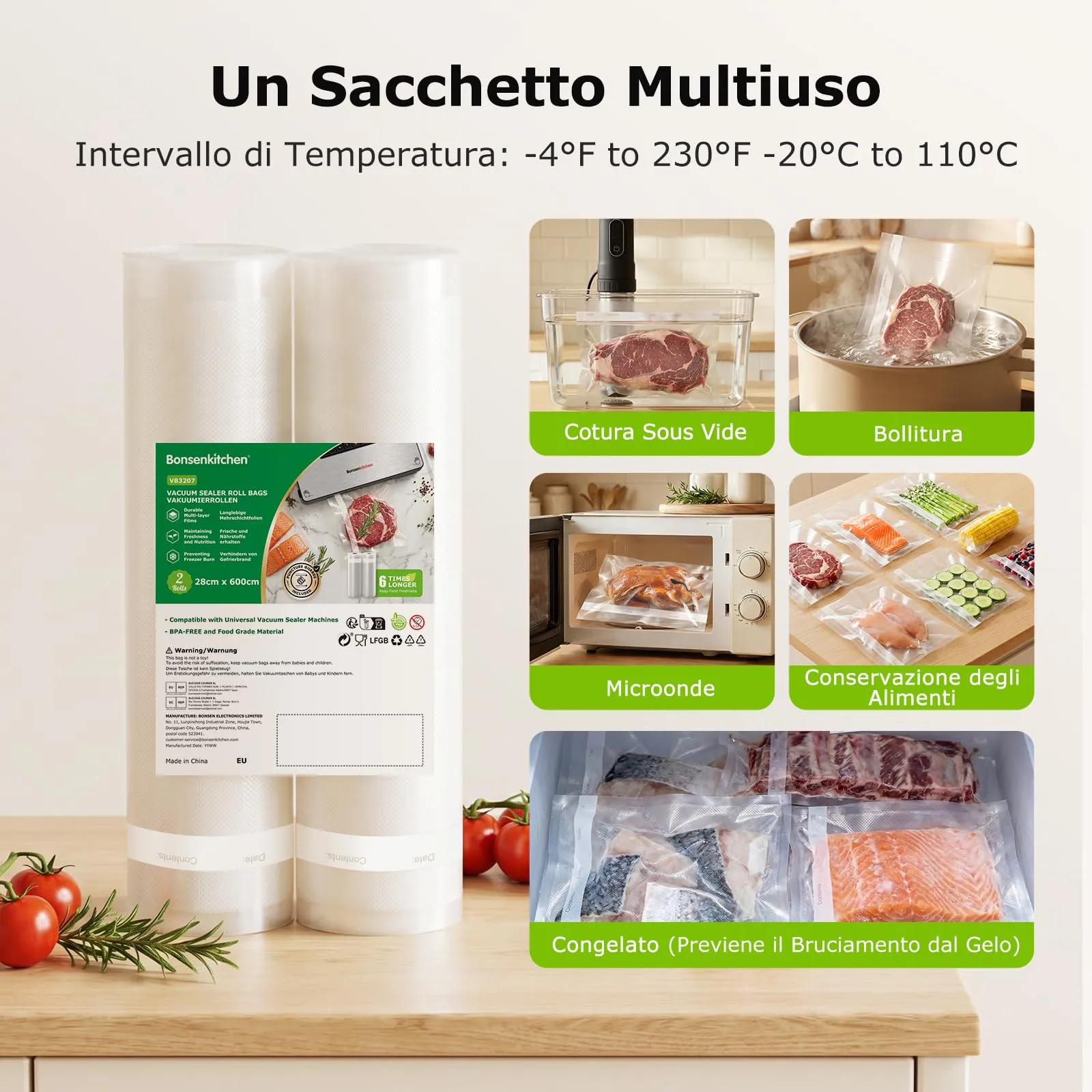 Bonsenkitchen Sacchetti Sottovuoto, 2 rotoli 28x600 cm - immagine 2