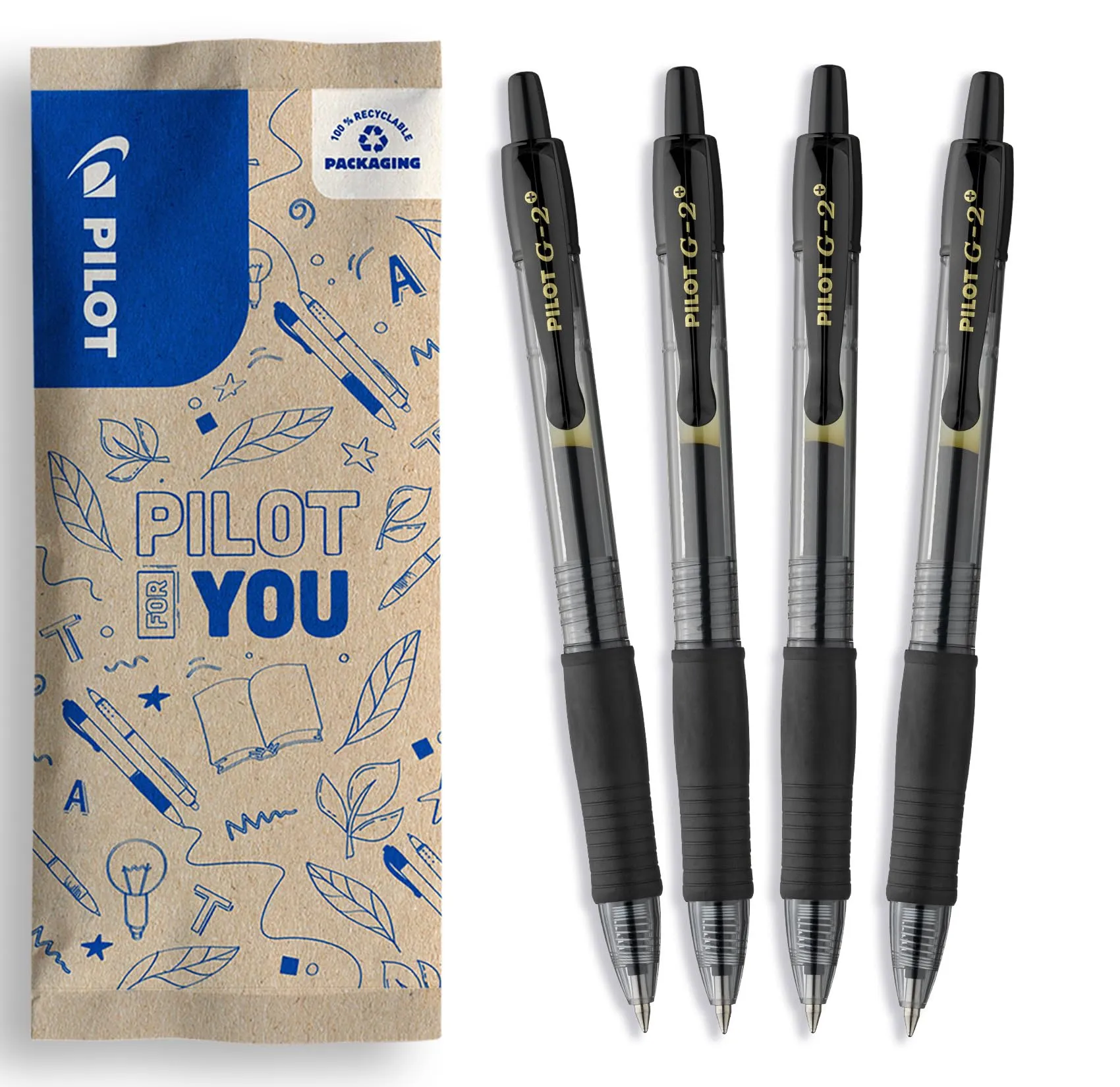 Pilot G2 Plus Penne a Sfera Inchiostro Gel Retrattili e Ricaricabili, Nero, Punta Media, Set di 4 - immagine 1