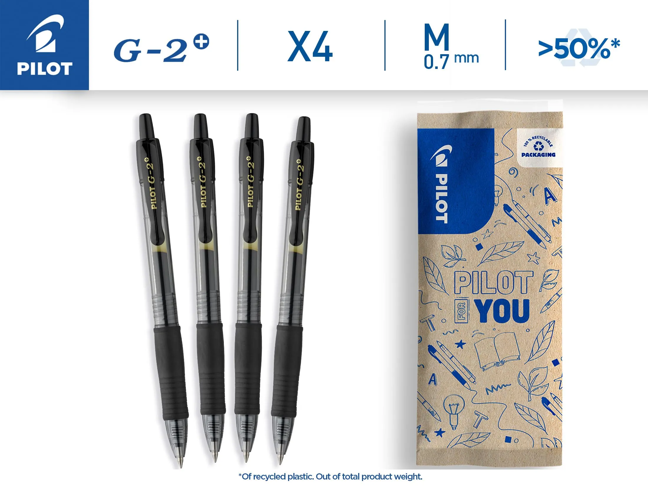 Pilot G2 Plus Penne a Sfera Inchiostro Gel Retrattili e Ricaricabili, Nero, Punta Media, Set di 4 - immagine 2