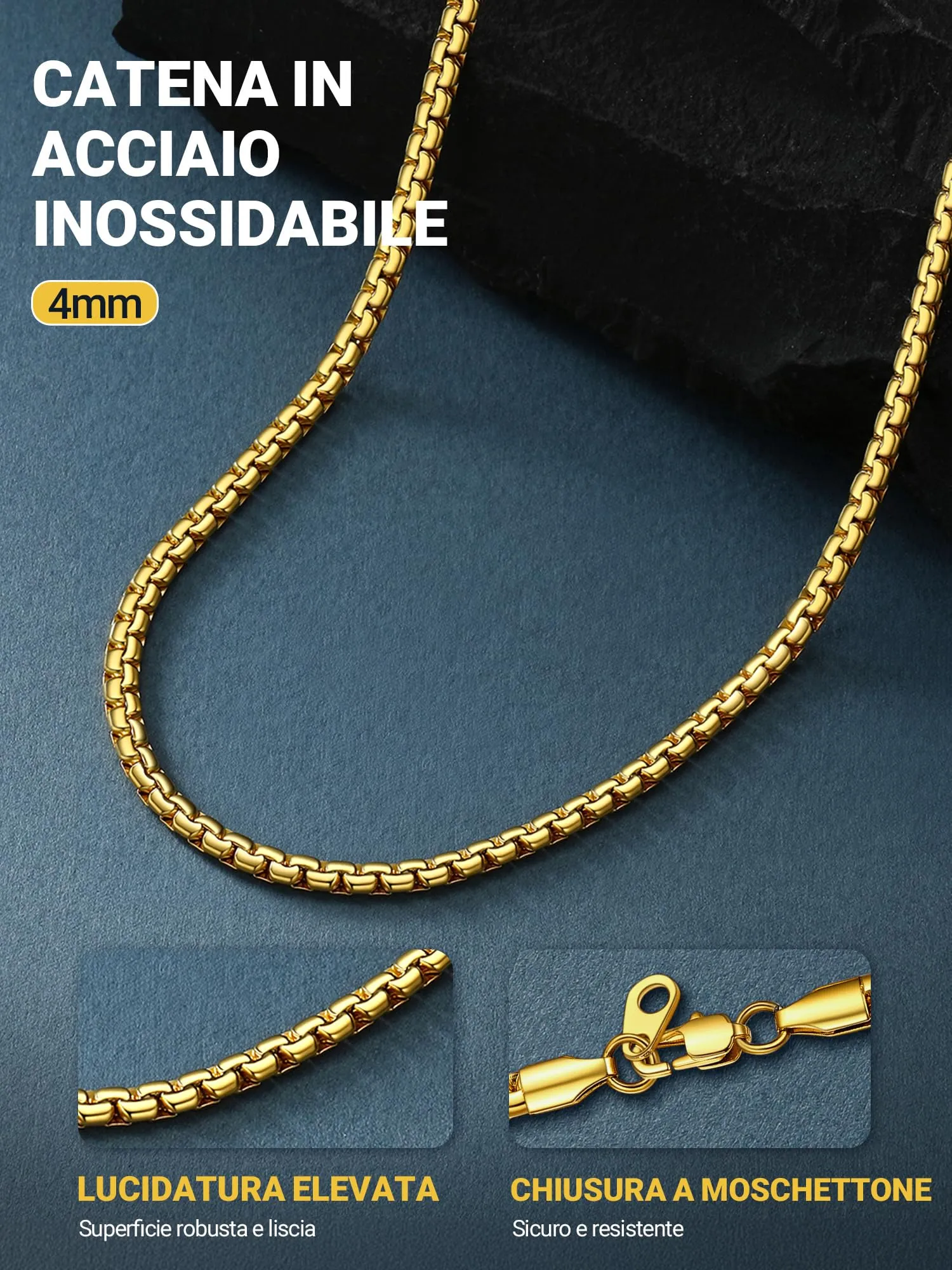 PROSTEEL Collana a Catena da Uomo in Acciaio Inossidabile Placcato Oro 18K, 75 cm, 4 mm - immagine 5