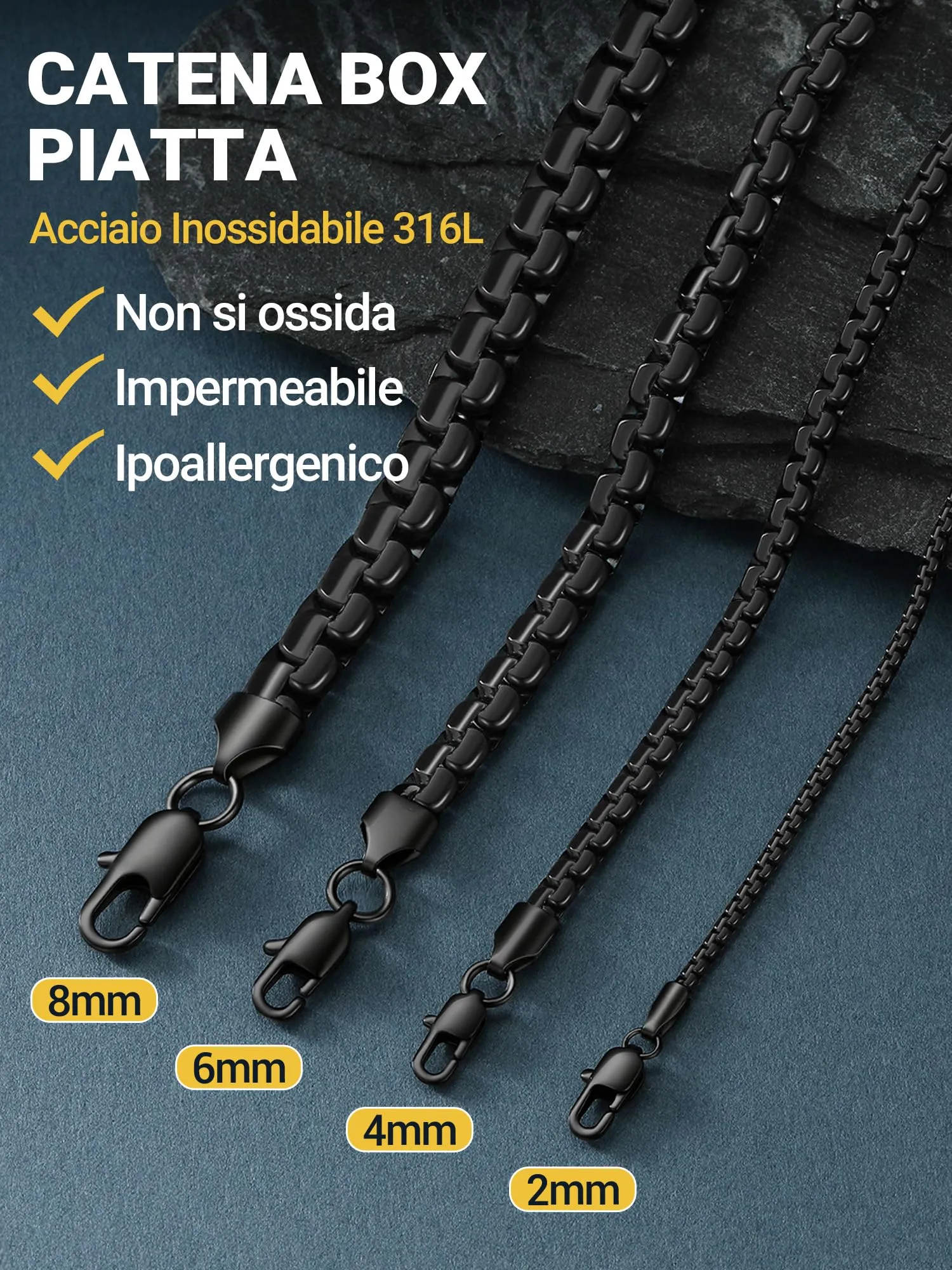 PROSTEEL Collana a catena scatola piatta, 50 cm, 4 mm, Acciaio Inossidabile 316L, Colore Nero - immagine 3