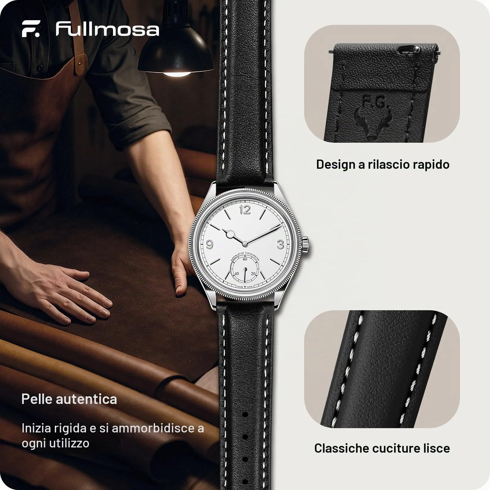 Fullmosa Cinturino in Pelle 19mm a Sgancio Rapido, Nero - immagine 4