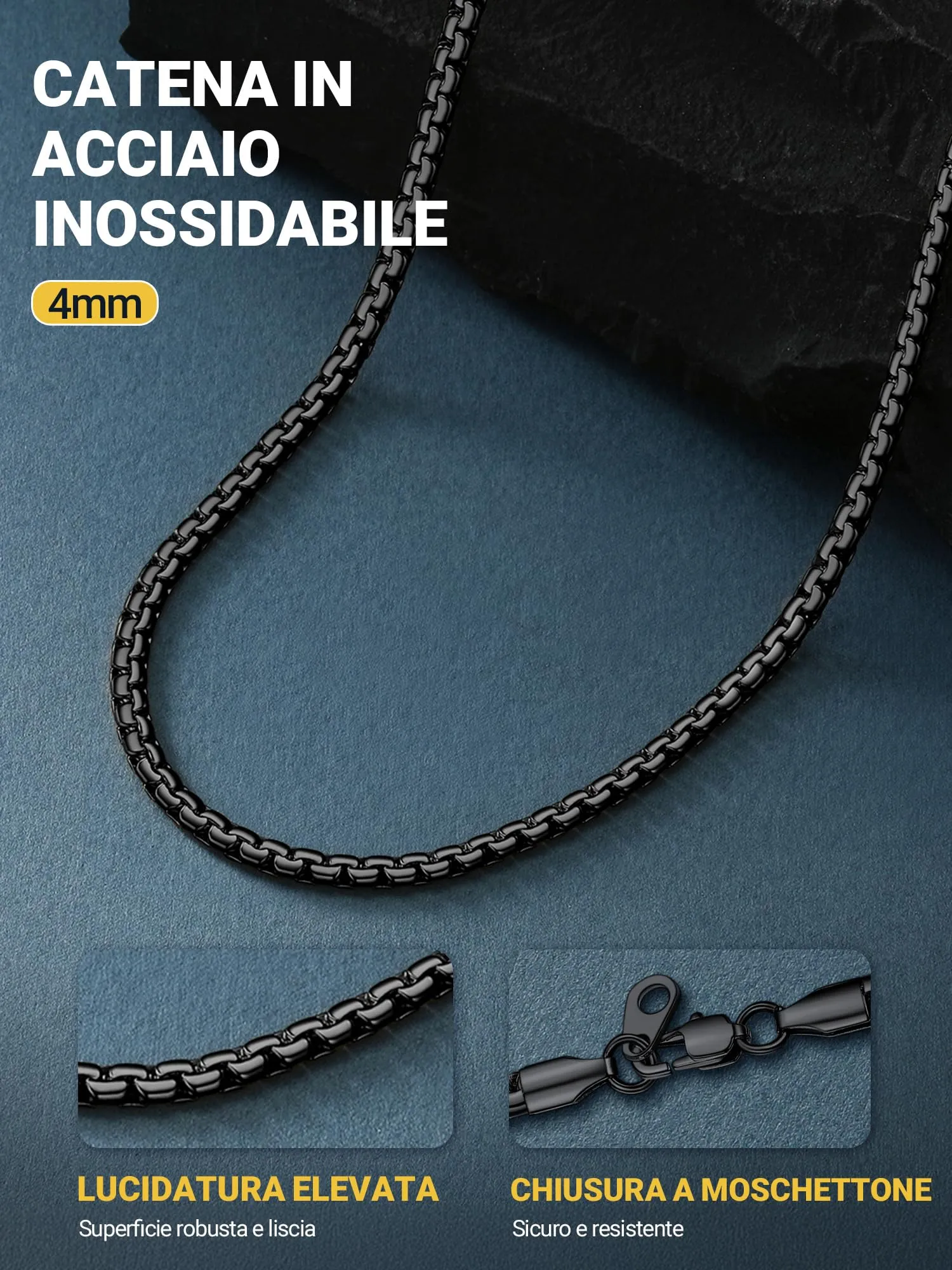 PROSTEEL Collana catena da uomo in acciaio inossidabile placcato nero, 75 cm, 4 mm - immagine 6