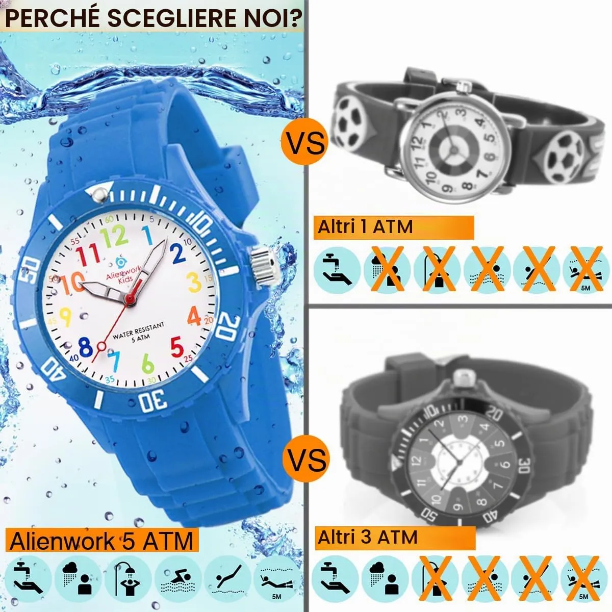 Alienwork Orologio di Apprendimento per Bambini, Blu, Bracciale in Silicone Multicolore, Impermeabile 5 ATM - immagine 5