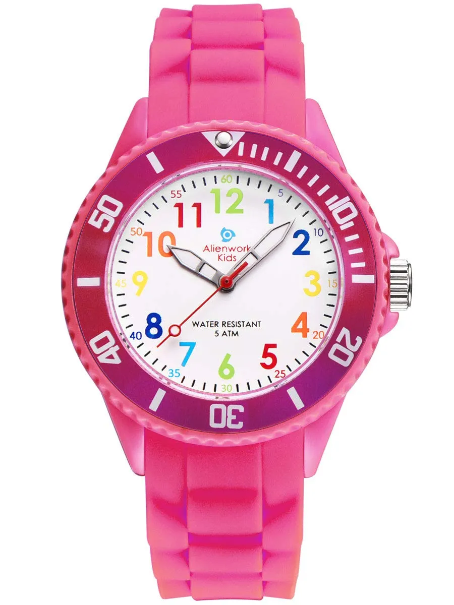 Alienwork Orologio di Apprendimento per Bambini, Rosa, Bracciale in Silicone Multicolore, Impermeabile 5 ATM - immagine 1