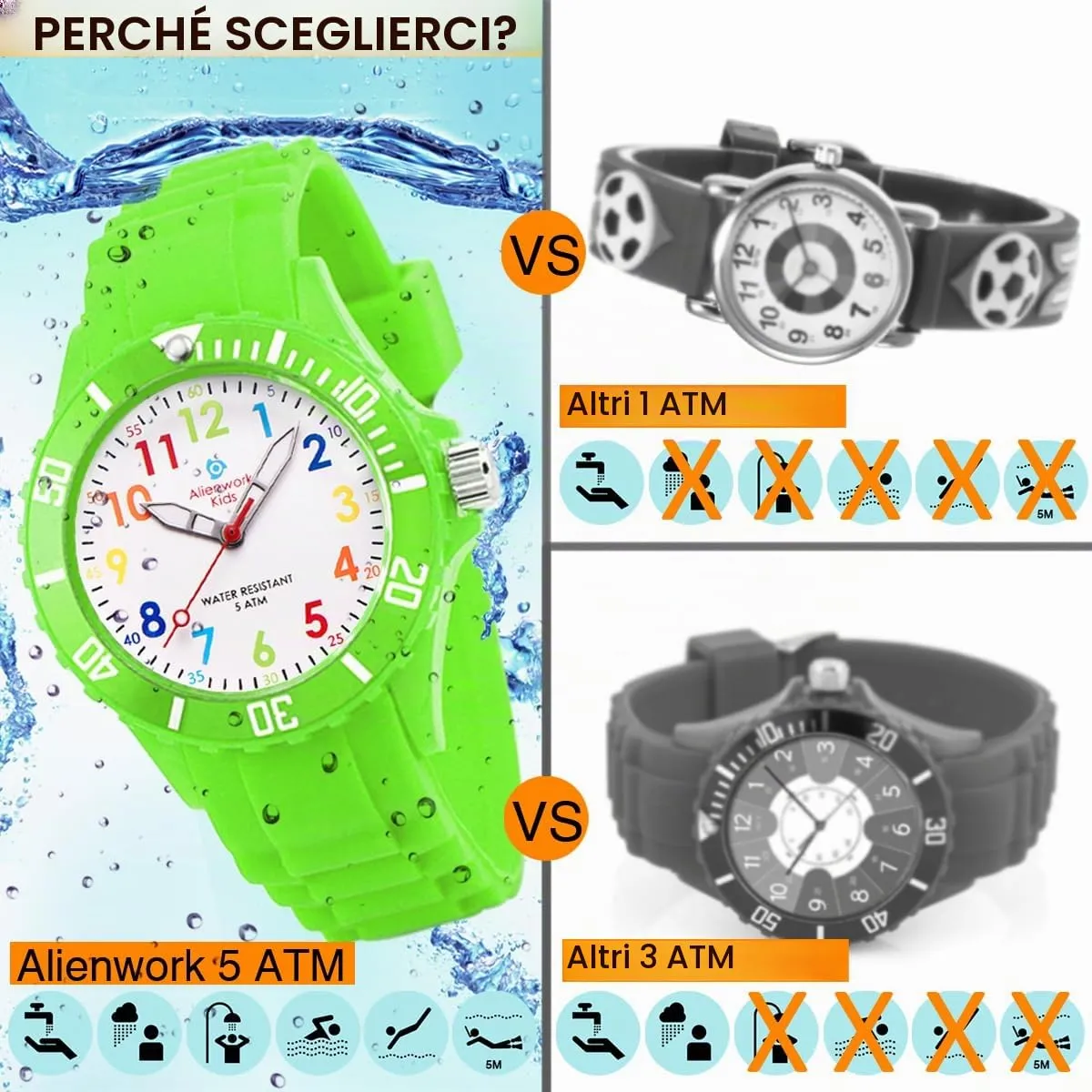 Alienwork Orologio di Apprendimento per Bambini Verde Bracciale in Silicone Impermeabile 5 ATM - immagine 5