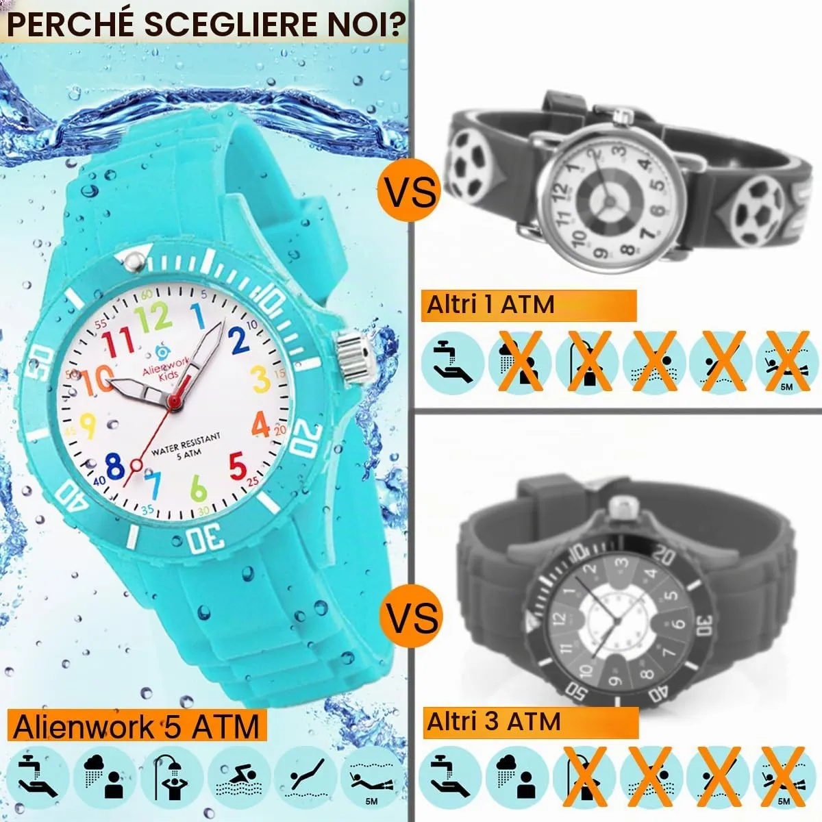 Alienwork Orologio di Apprendimento per Bambini, Turchese, Bracciale in Silicone Multicolore, Impermeabile 5 ATM - immagine 5
