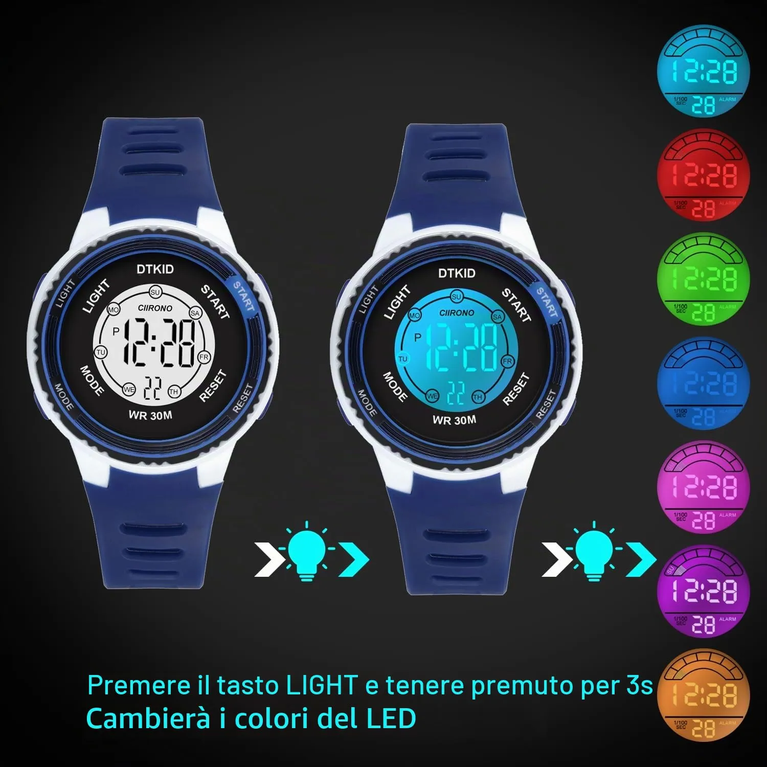 DTKID Orologio Digitale per Bambini LED 7 Colori, Sveglia, Timer, Impermeabile - immagine 3
