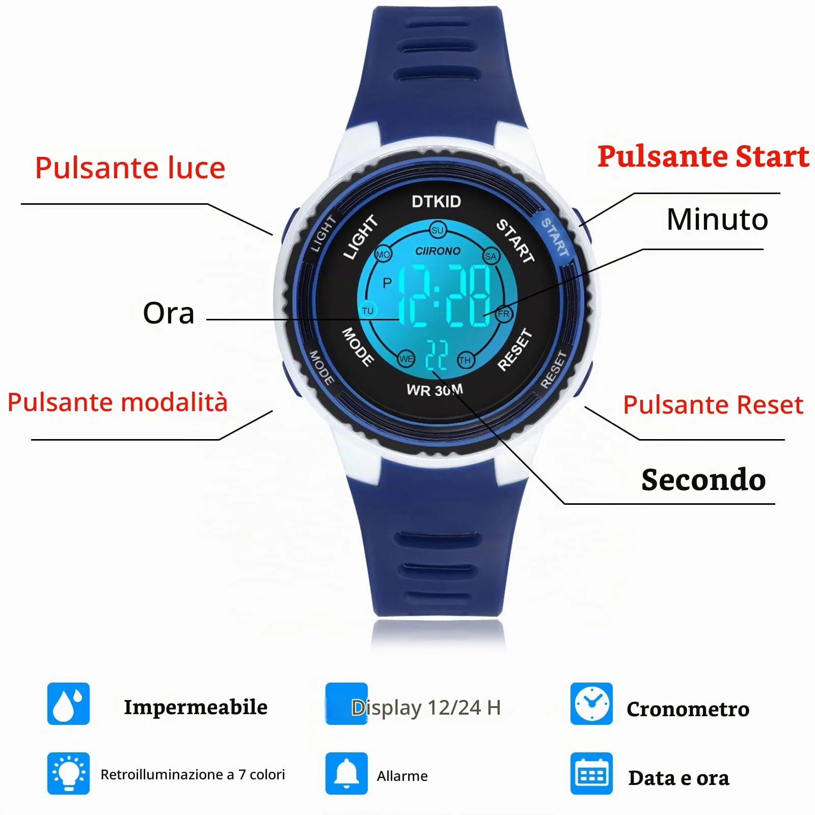 DTKID Orologio Digitale per Bambini LED 7 Colori, Sveglia, Timer, Impermeabile - immagine 4
