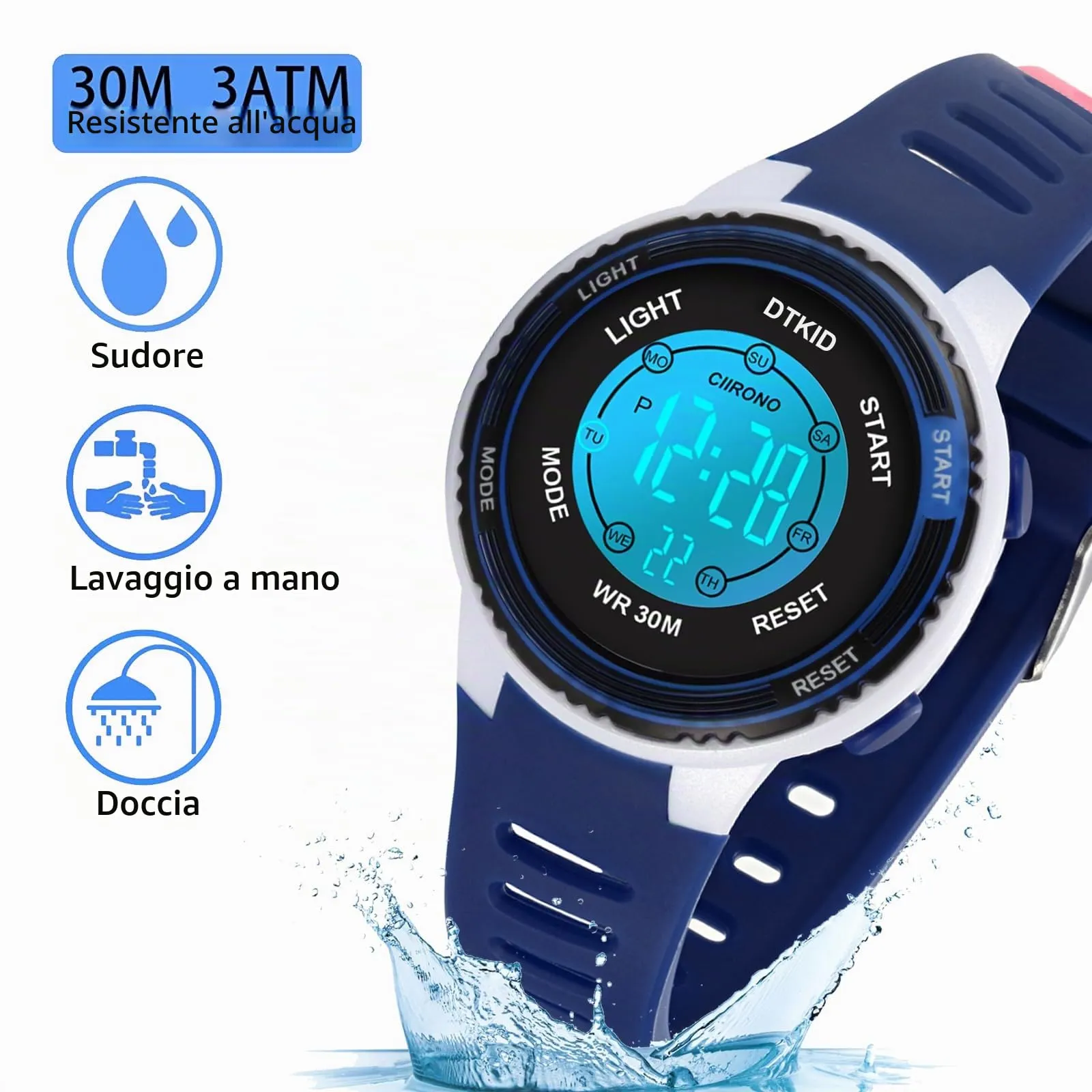 DTKID Orologio Digitale per Bambini LED 7 Colori, Sveglia, Timer, Impermeabile - immagine 6