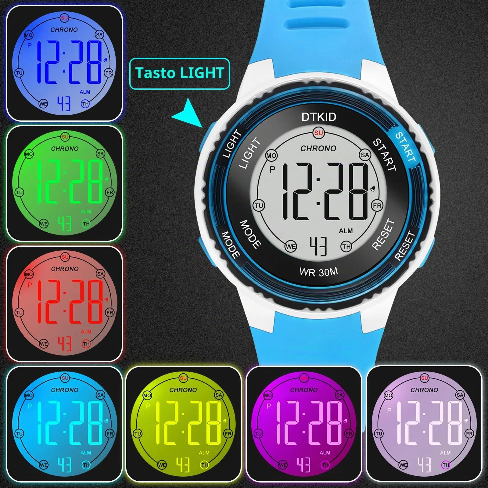 DTKID Orologio Digitale per Bambini LED 7 Colori, Impermeabile, 8563B - immagine 2