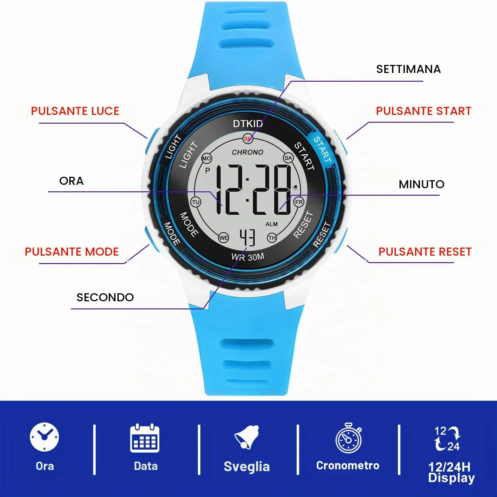DTKID Orologio Digitale per Bambini LED 7 Colori, Impermeabile, 8563B - immagine 4
