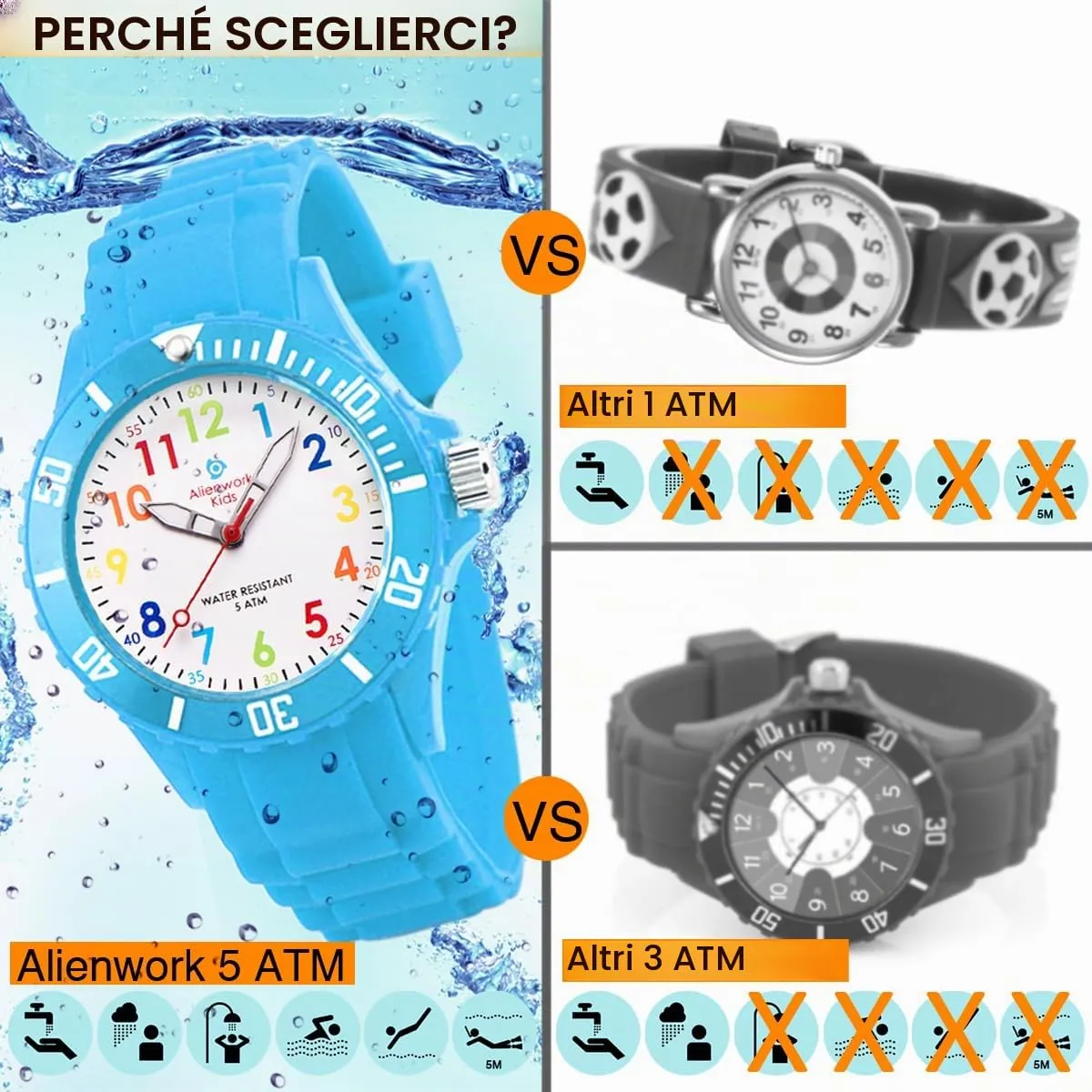 Alienwork Orologio di Apprendimento per Bambini, Blu Chiaro, Bracciale in Silicone, Impermeabile 5 ATM - immagine 5
