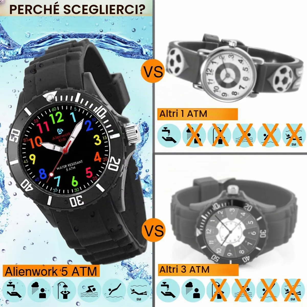 Alienwork Orologio di Apprendimento per Bambini Nero, Bracciale in Silicone, Impermeabile 5 ATM - immagine 5