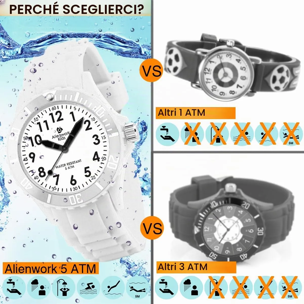 Alienwork Orologio di Apprendimento per Bambini, Bracciale in Silicone Bianco e Nero, Quadrante Luminoso - immagine 6