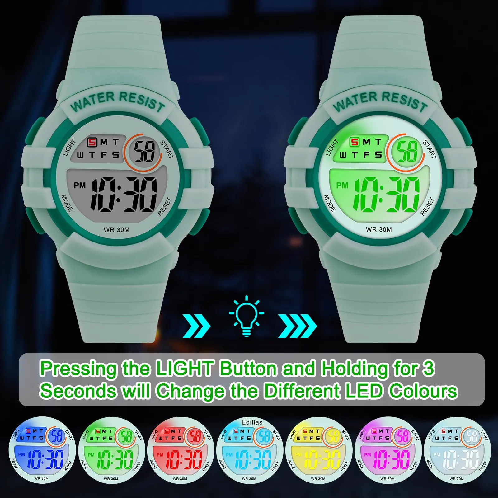DTKID Orologio Digitale Bambini LED 7 Colori, Sveglia, Timer, Impermeabile - immagine 2