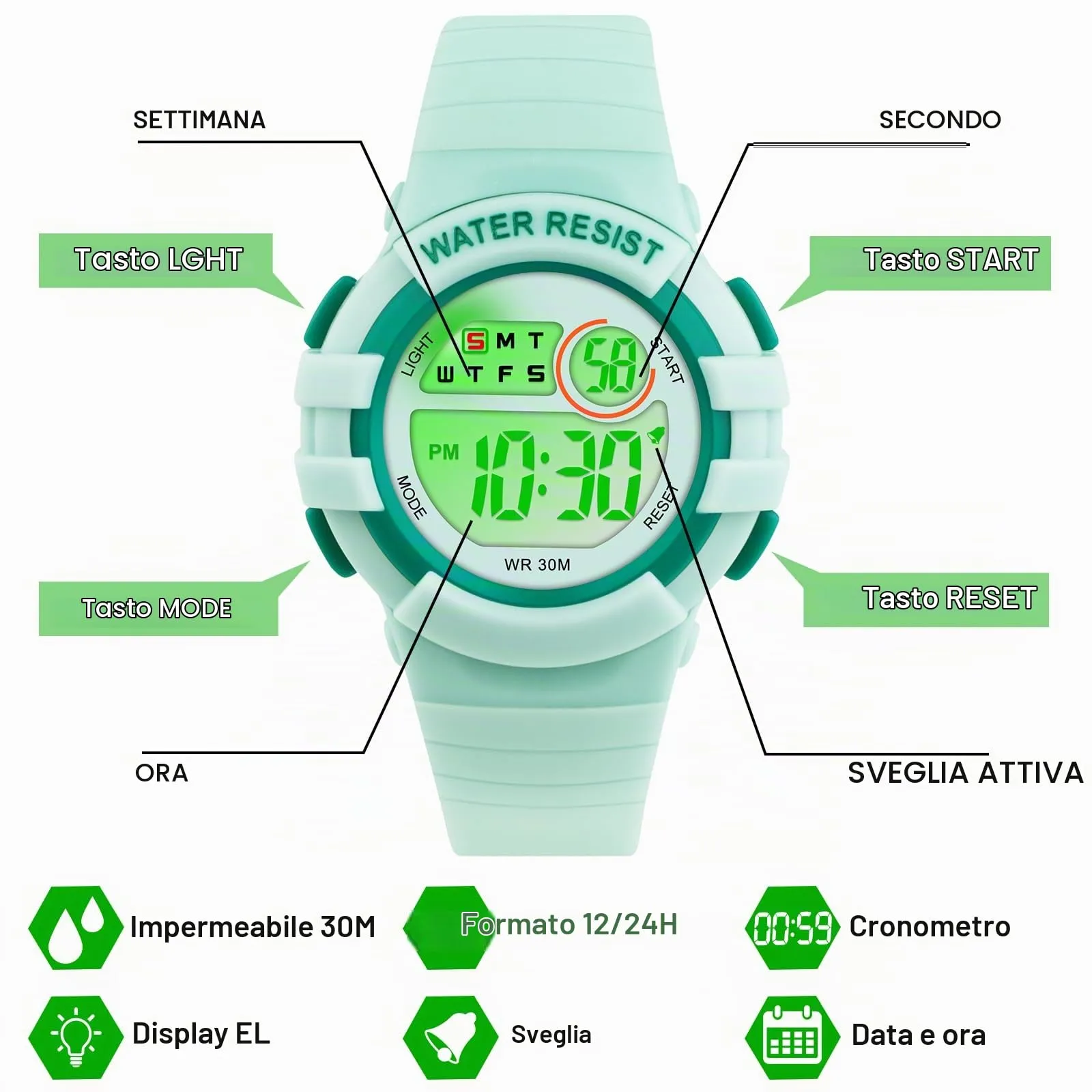 DTKID Orologio Digitale Bambini LED 7 Colori, Sveglia, Timer, Impermeabile - immagine 3