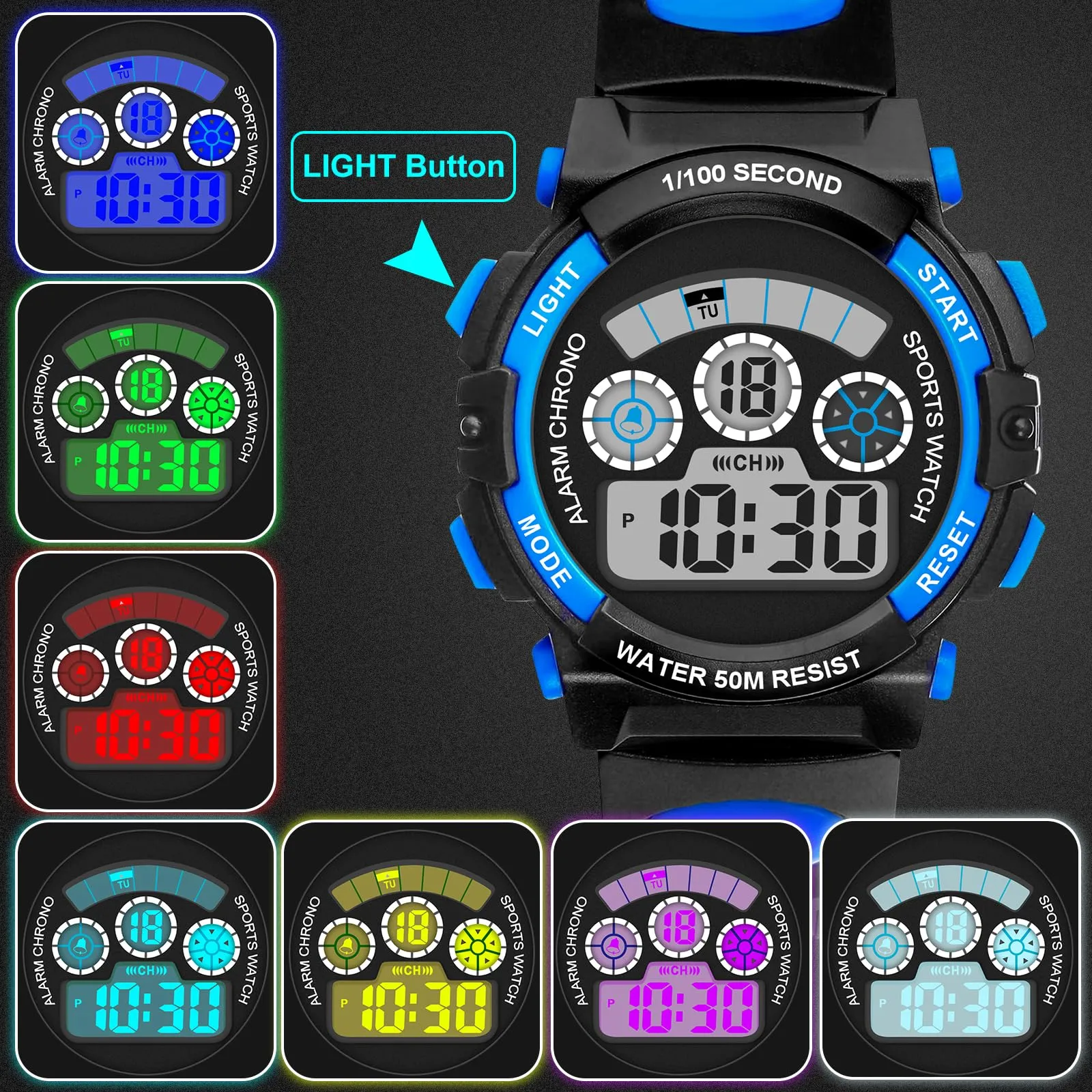 DTKID Orologio Digitale per Bambini LED 7 Colori, Sveglia, Timer, Impermeabile 5 ATM - immagine 2