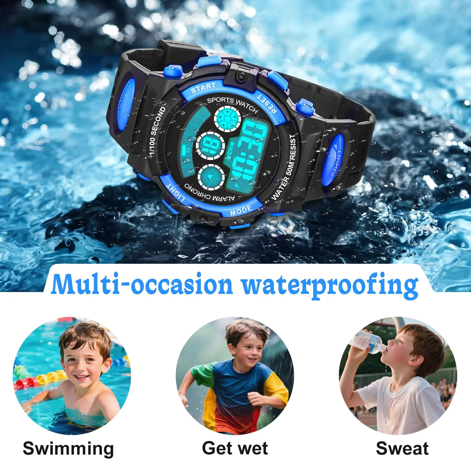 DTKID Orologio Digitale per Bambini LED 7 Colori, Sveglia, Timer, Impermeabile 5 ATM - immagine 3