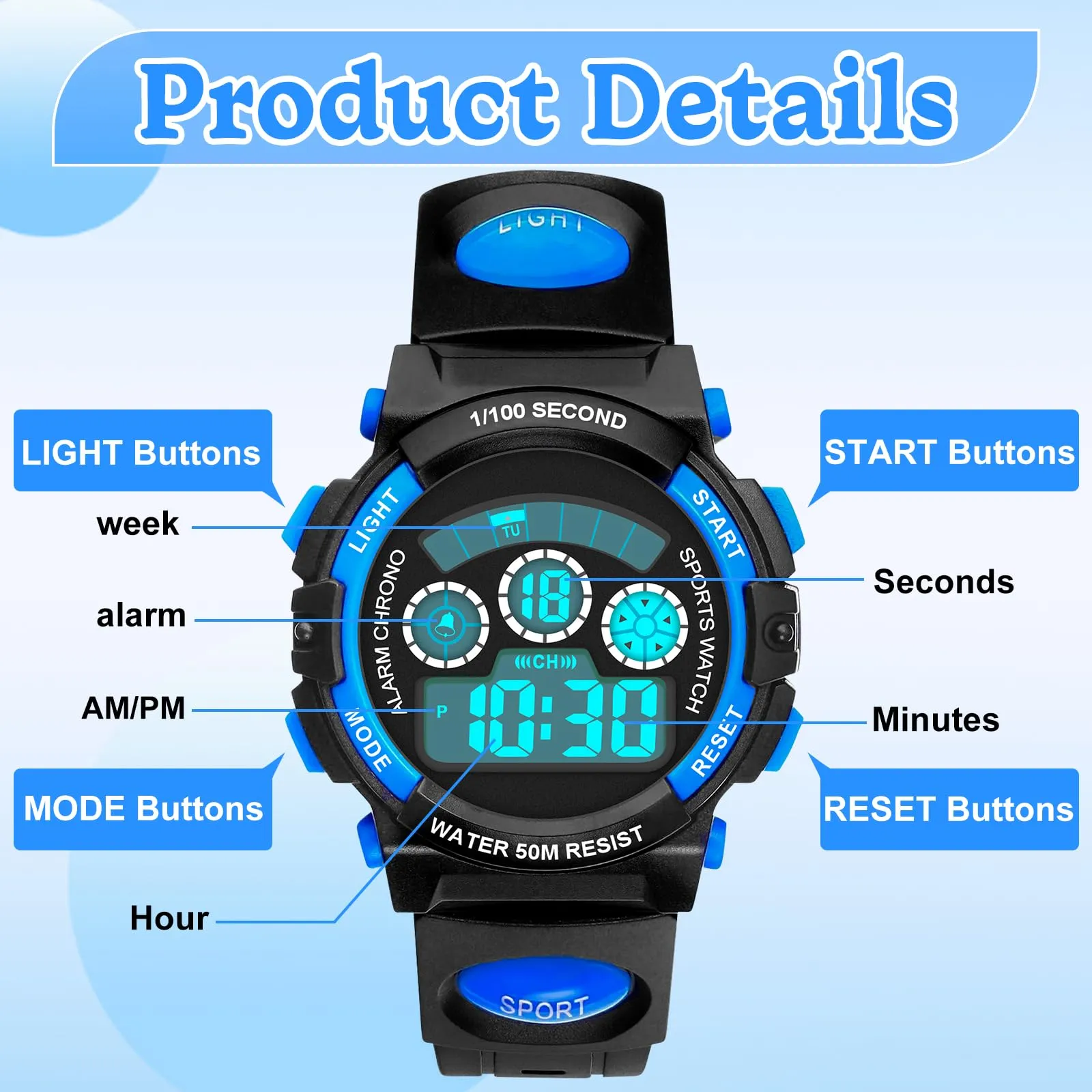 DTKID Orologio Digitale per Bambini LED 7 Colori, Sveglia, Timer, Impermeabile 5 ATM - immagine 5