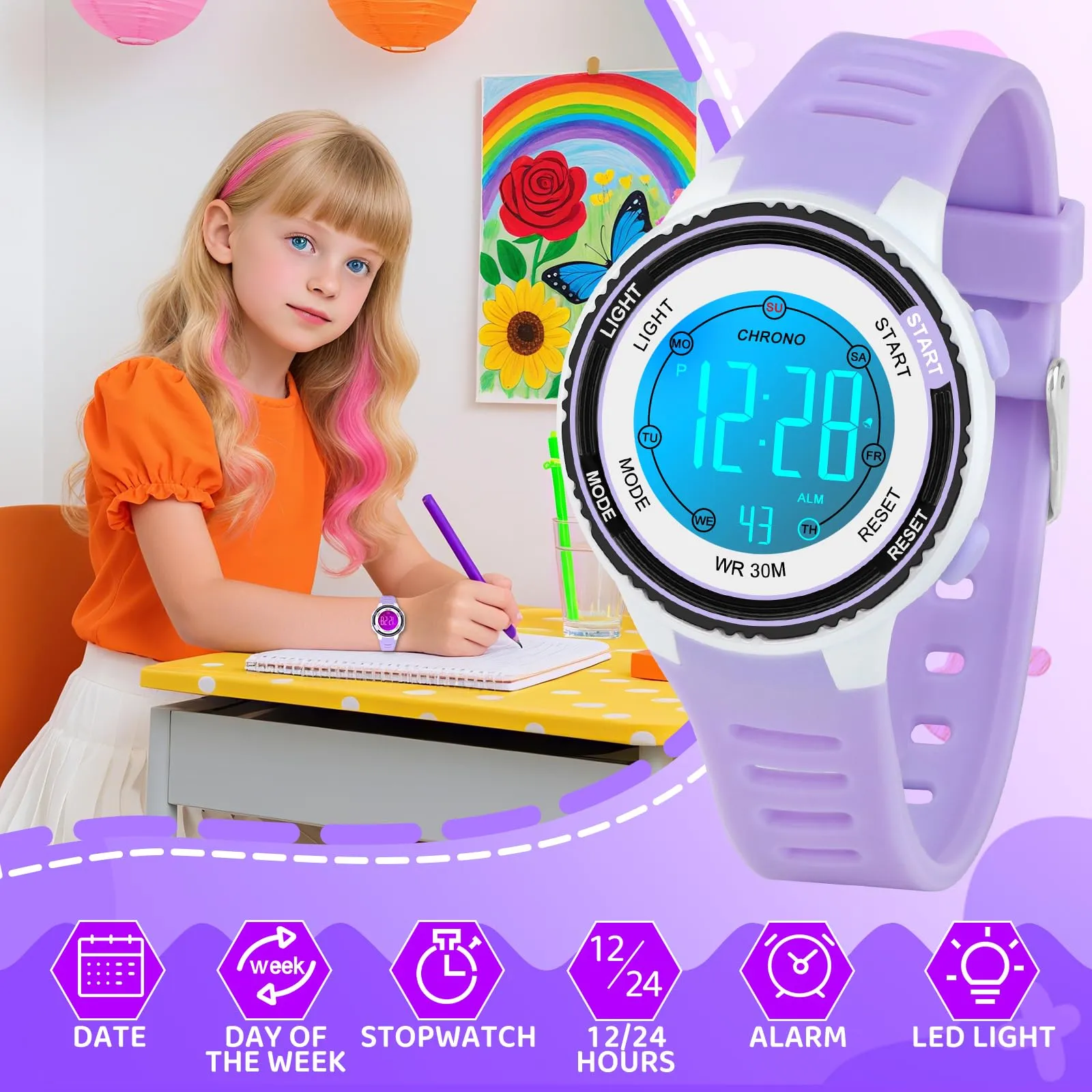 DTKID Orologio Digitale Bambini LED 7 Colori, Sveglia, Timer, Impermeabile - immagine 2