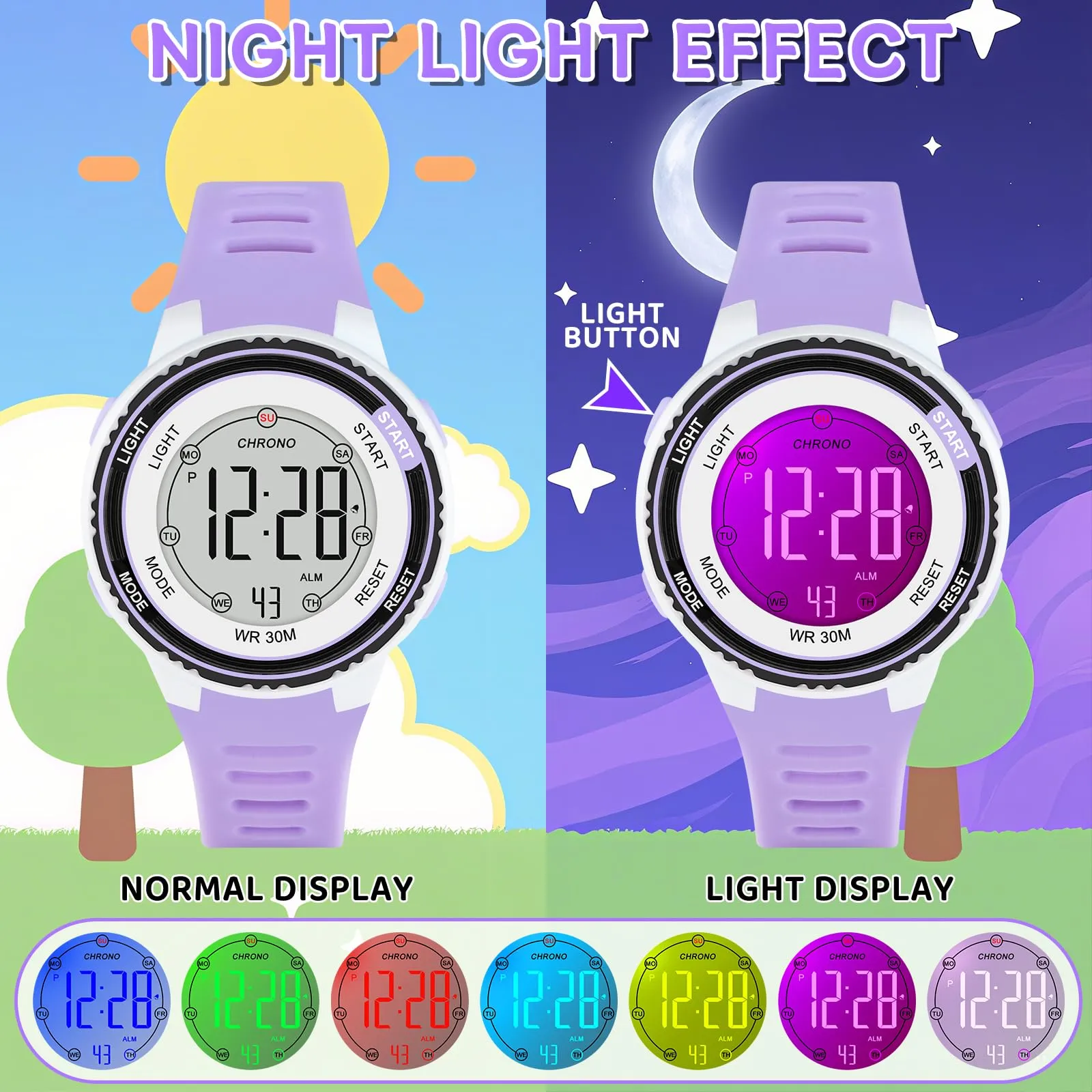 DTKID Orologio Digitale Bambini LED 7 Colori, Sveglia, Timer, Impermeabile - immagine 3