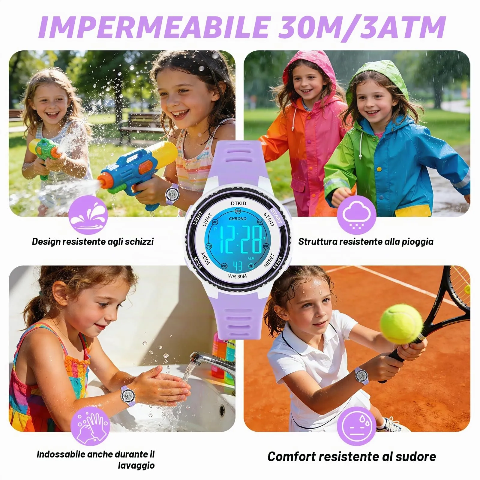 DTKID Orologio Digitale Bambini LED 7 Colori, Sveglia, Timer, Impermeabile - immagine 4