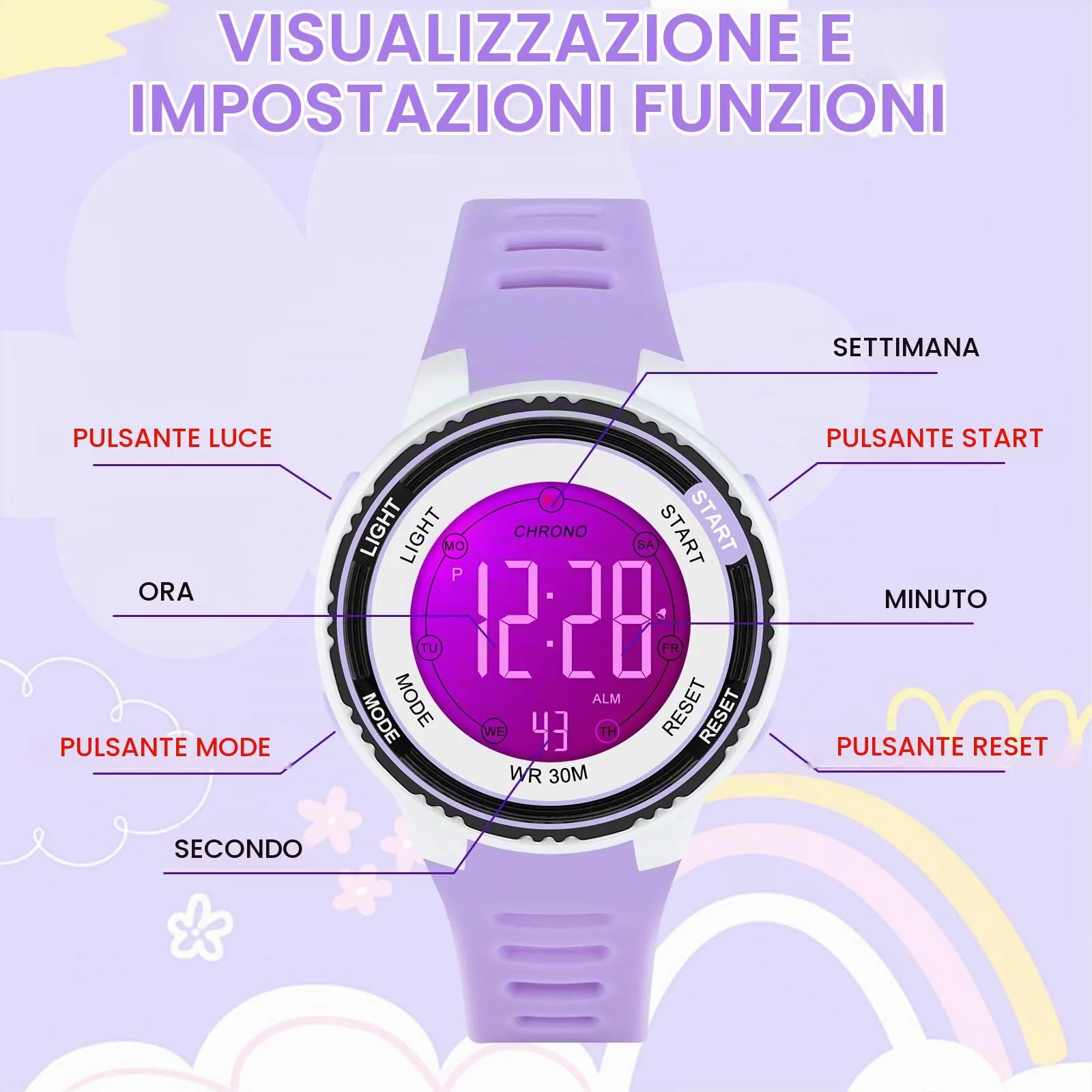 DTKID Orologio Digitale Bambini LED 7 Colori, Sveglia, Timer, Impermeabile - immagine 6
