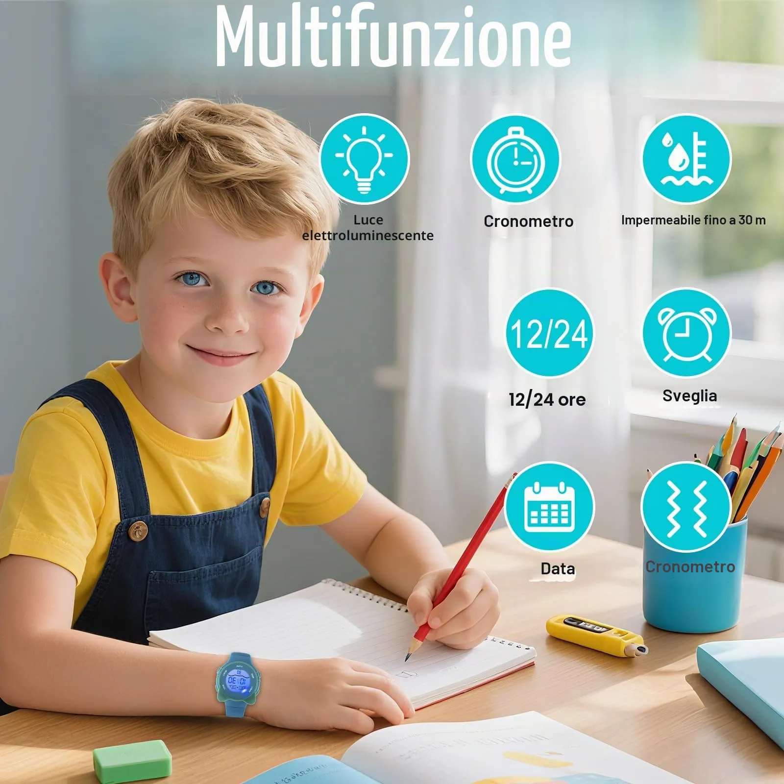 DTKID Orologio Digitale Bambini LED 7 Colori, Sveglia, Timer, Impermeabile - immagine 2