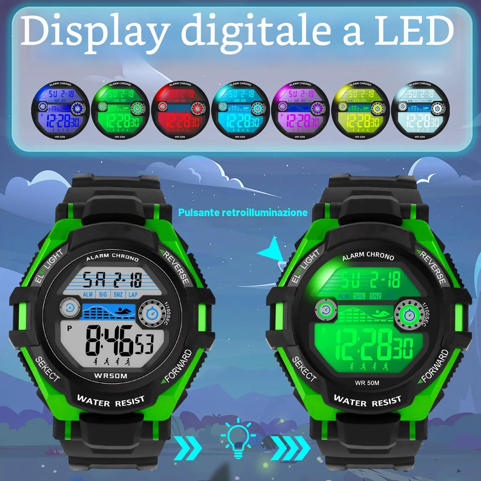 DTKID Orologio Digitale Bambini LED 7 Colori con Sveglia e Timer Impermeabile 5 ATM - immagine 2
