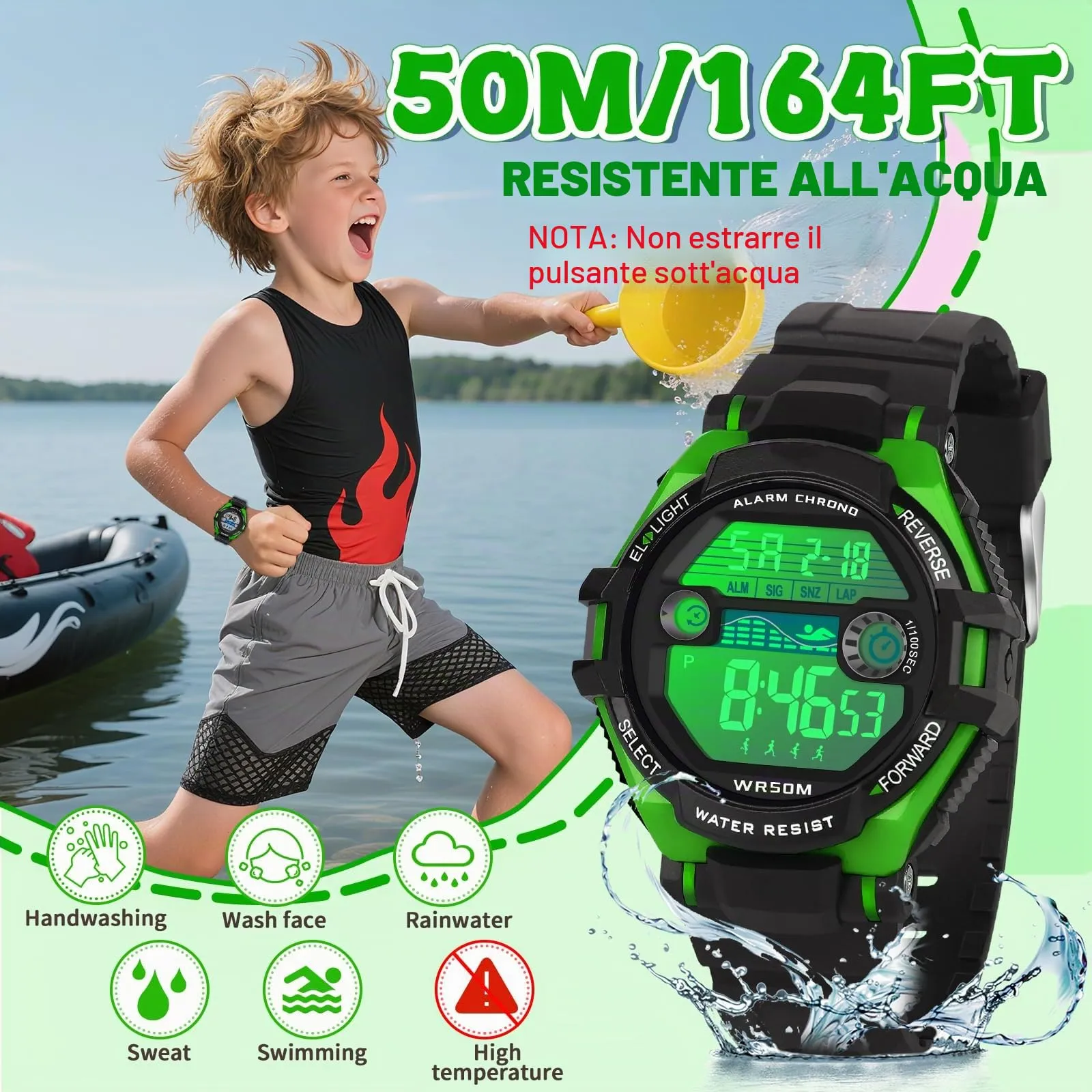 DTKID Orologio Digitale Bambini LED 7 Colori con Sveglia e Timer Impermeabile 5 ATM - immagine 3