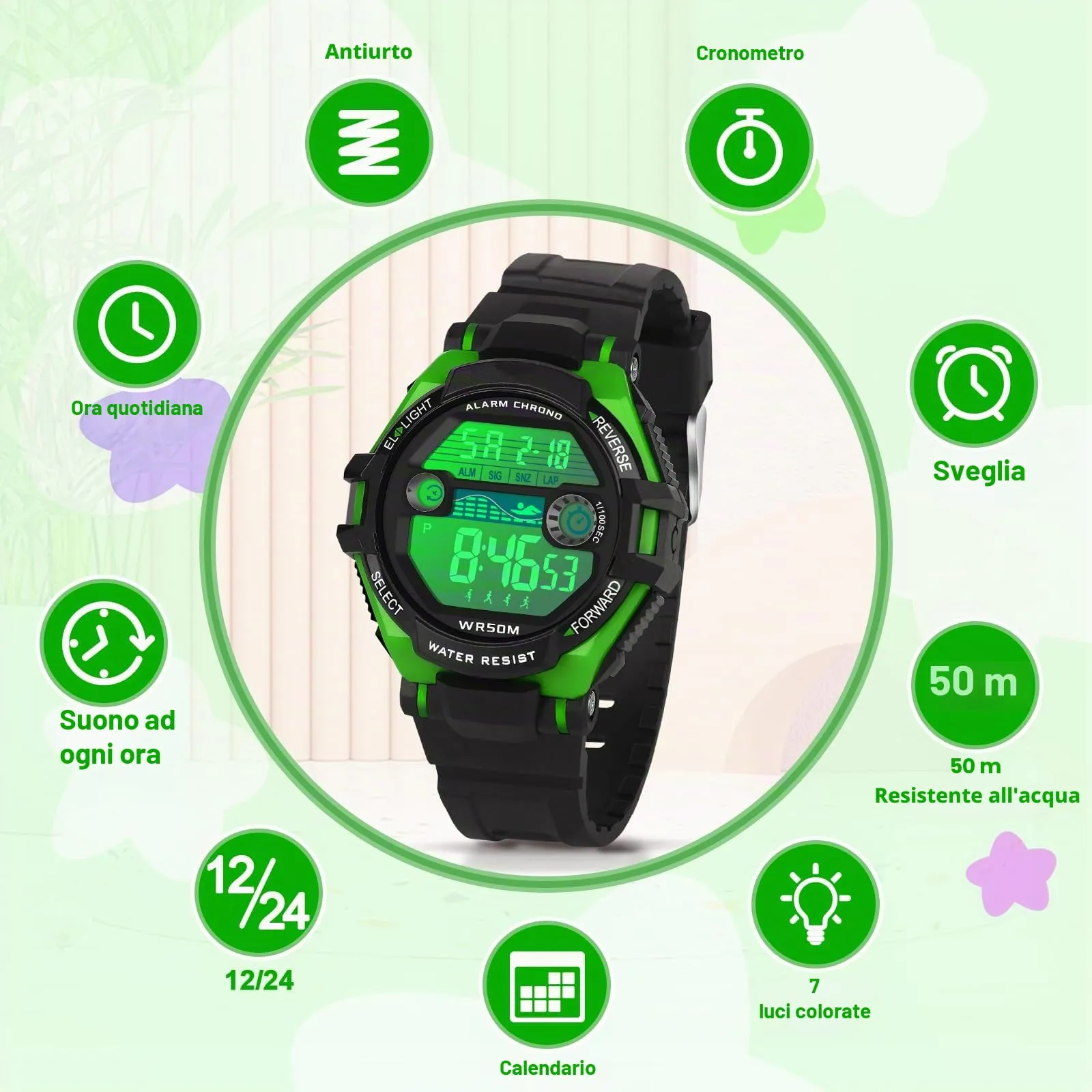 DTKID Orologio Digitale Bambini LED 7 Colori con Sveglia e Timer Impermeabile 5 ATM - immagine 4