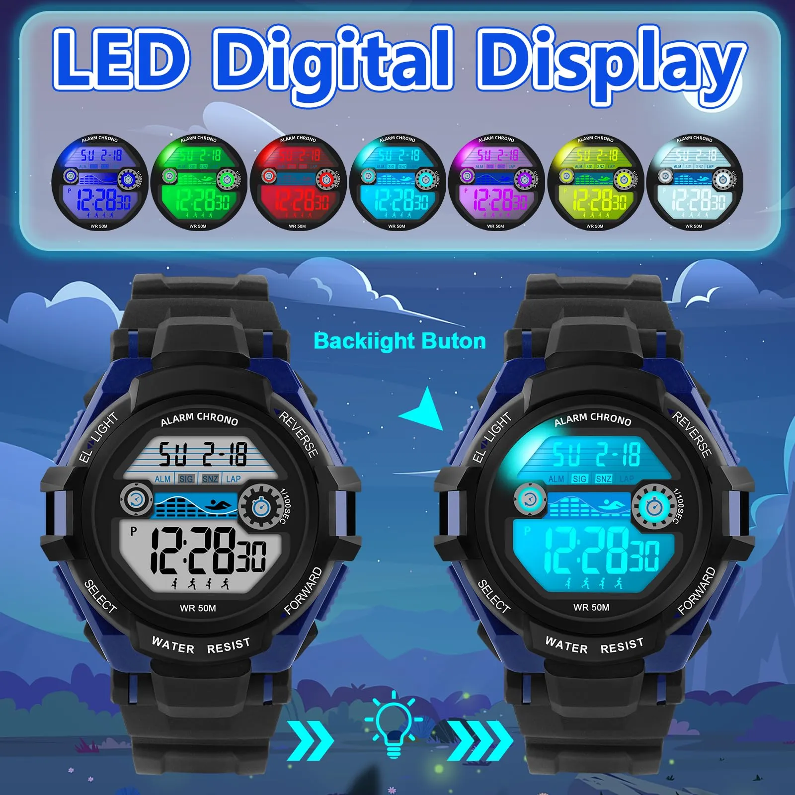 DTKID Orologio Digitale Bambini, LED 7 Colori, Sveglia, Timer, Impermeabile 5 ATM - immagine 2