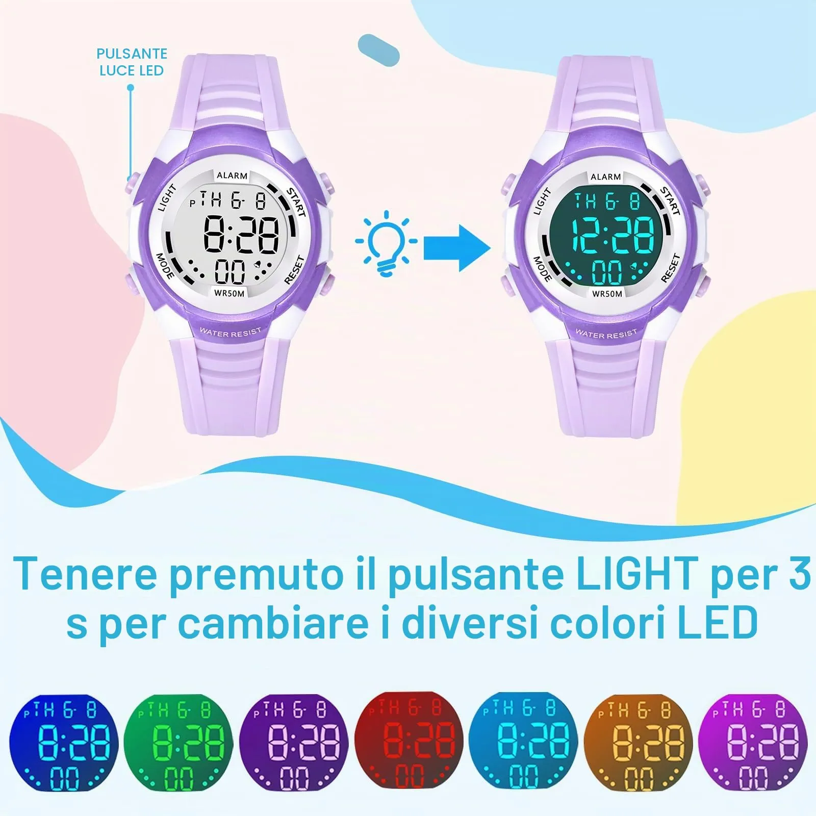 DTKID Orologio Digitale Bambini LED 7 Colori, Sveglia, Timer, Impermeabile 5 ATM - immagine 2