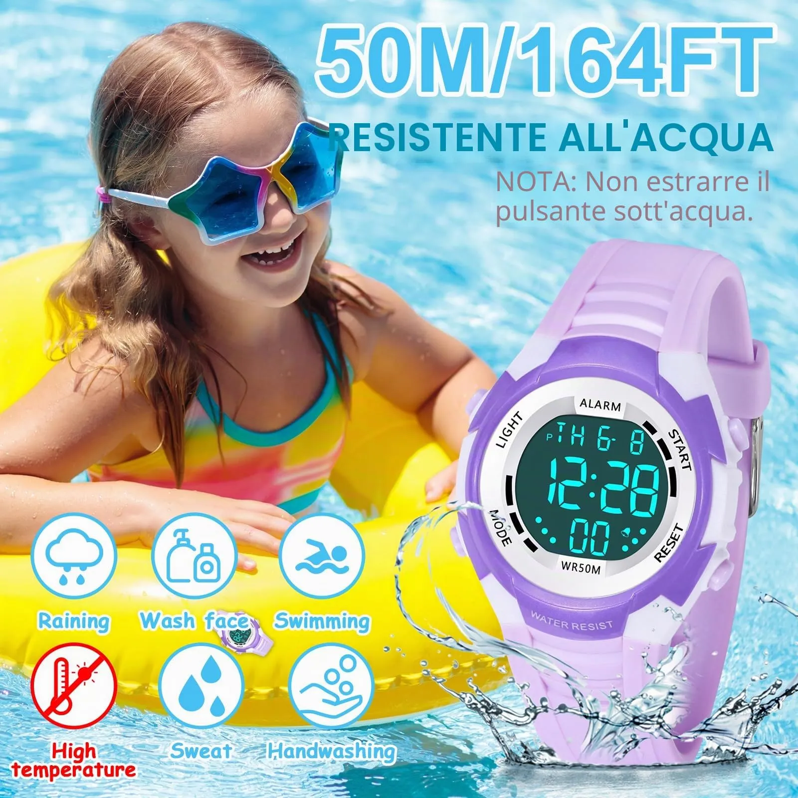 DTKID Orologio Digitale Bambini LED 7 Colori, Sveglia, Timer, Impermeabile 5 ATM - immagine 3