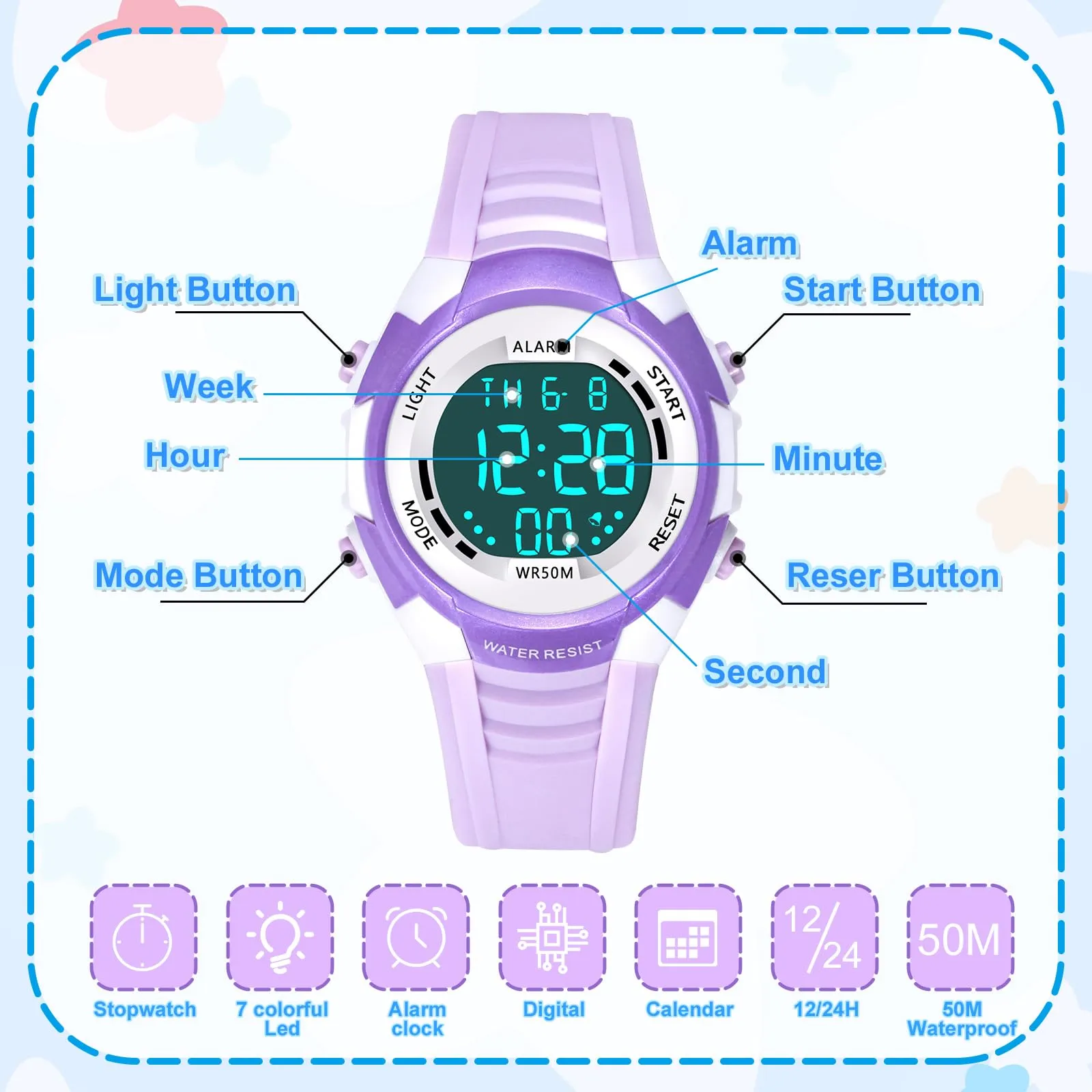 DTKID Orologio Digitale Bambini LED 7 Colori, Sveglia, Timer, Impermeabile 5 ATM - immagine 4