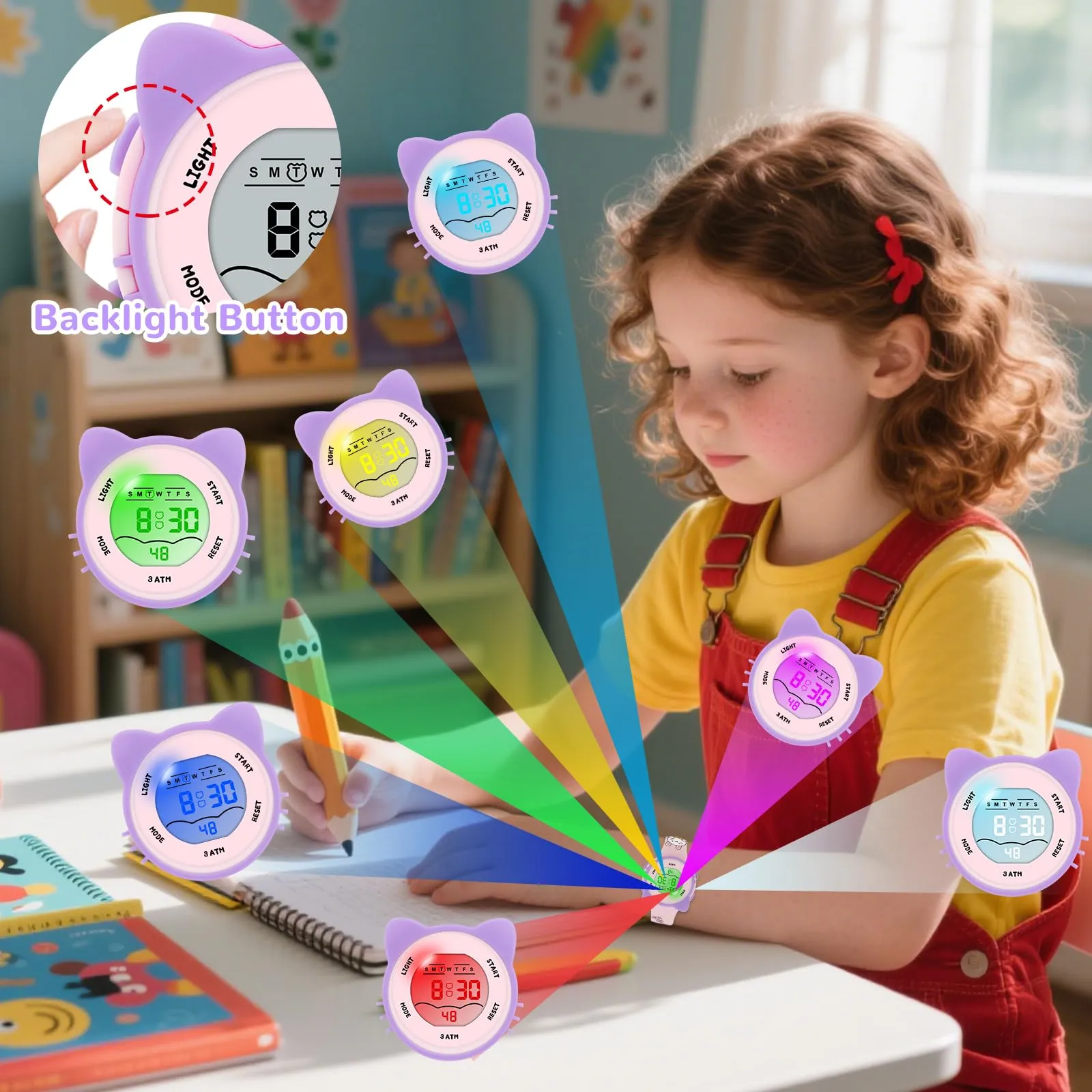 DTKID Orologio Digitale per Bambini LED 7 Colori, Sveglia, Timer, Impermeabile - immagine 3