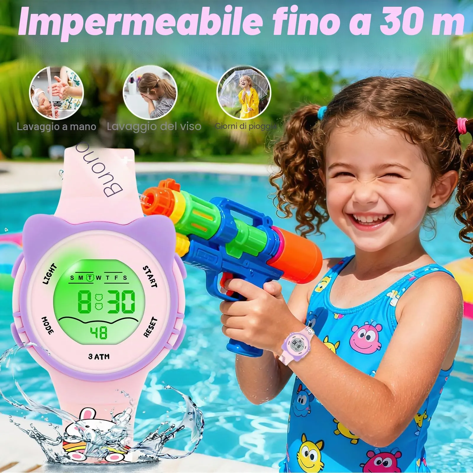 DTKID Orologio Digitale per Bambini LED 7 Colori, Sveglia, Timer, Impermeabile - immagine 4