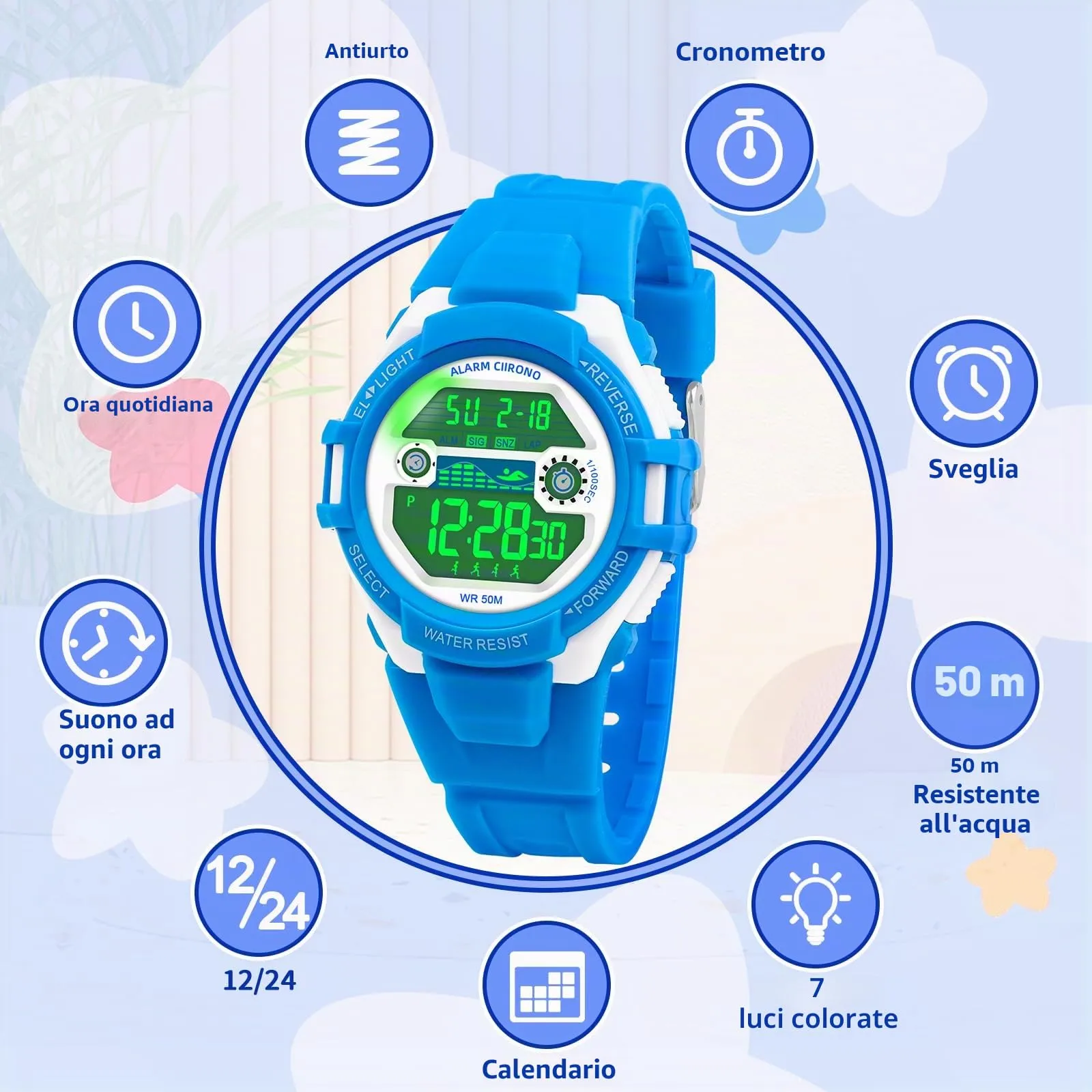 DTKID Orologio Digitale Bambini 7 LED, Sveglia e Timer, 5ATM (Azzurro) - immagine 2