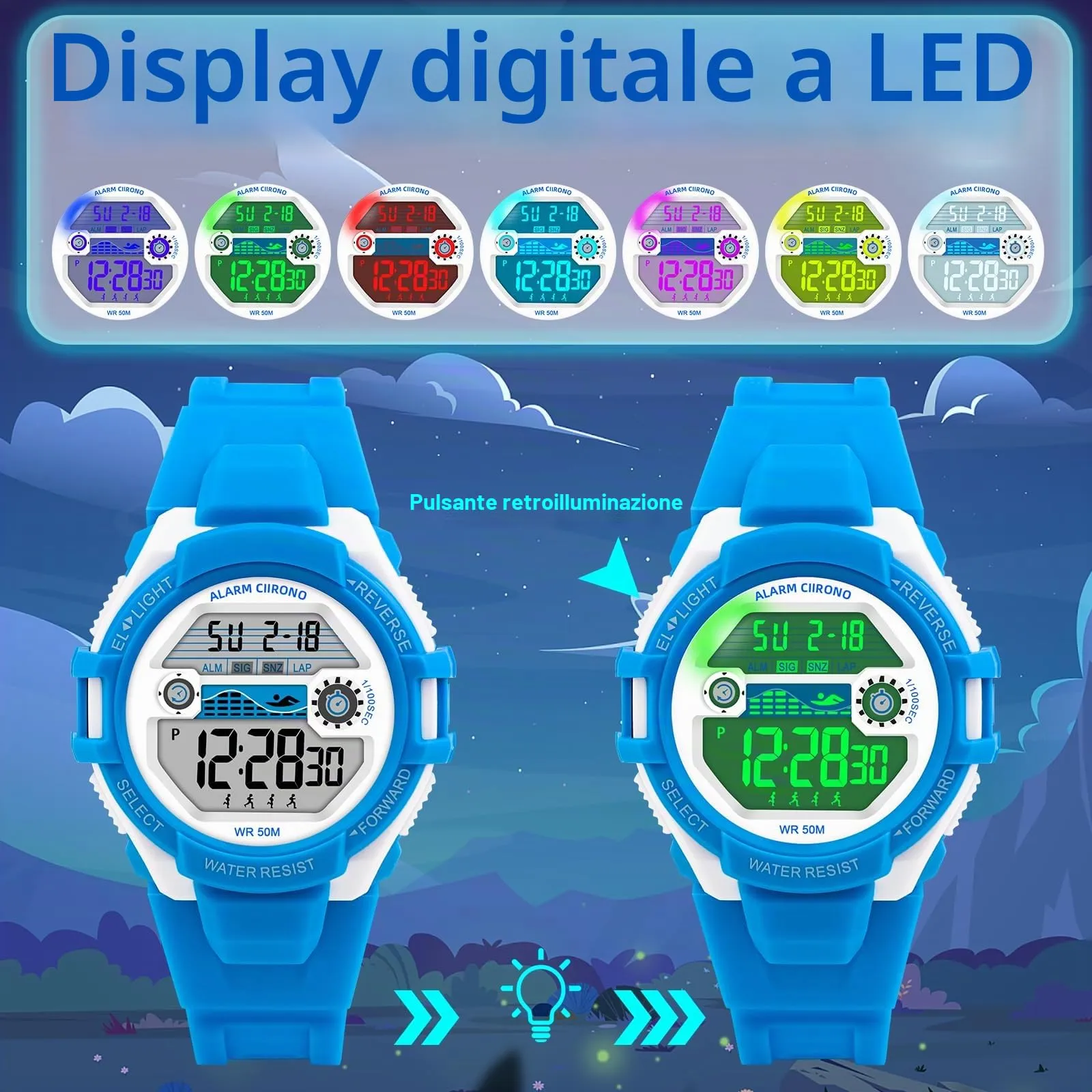 DTKID Orologio Digitale Bambini 7 LED, Sveglia e Timer, 5ATM (Azzurro) - immagine 3