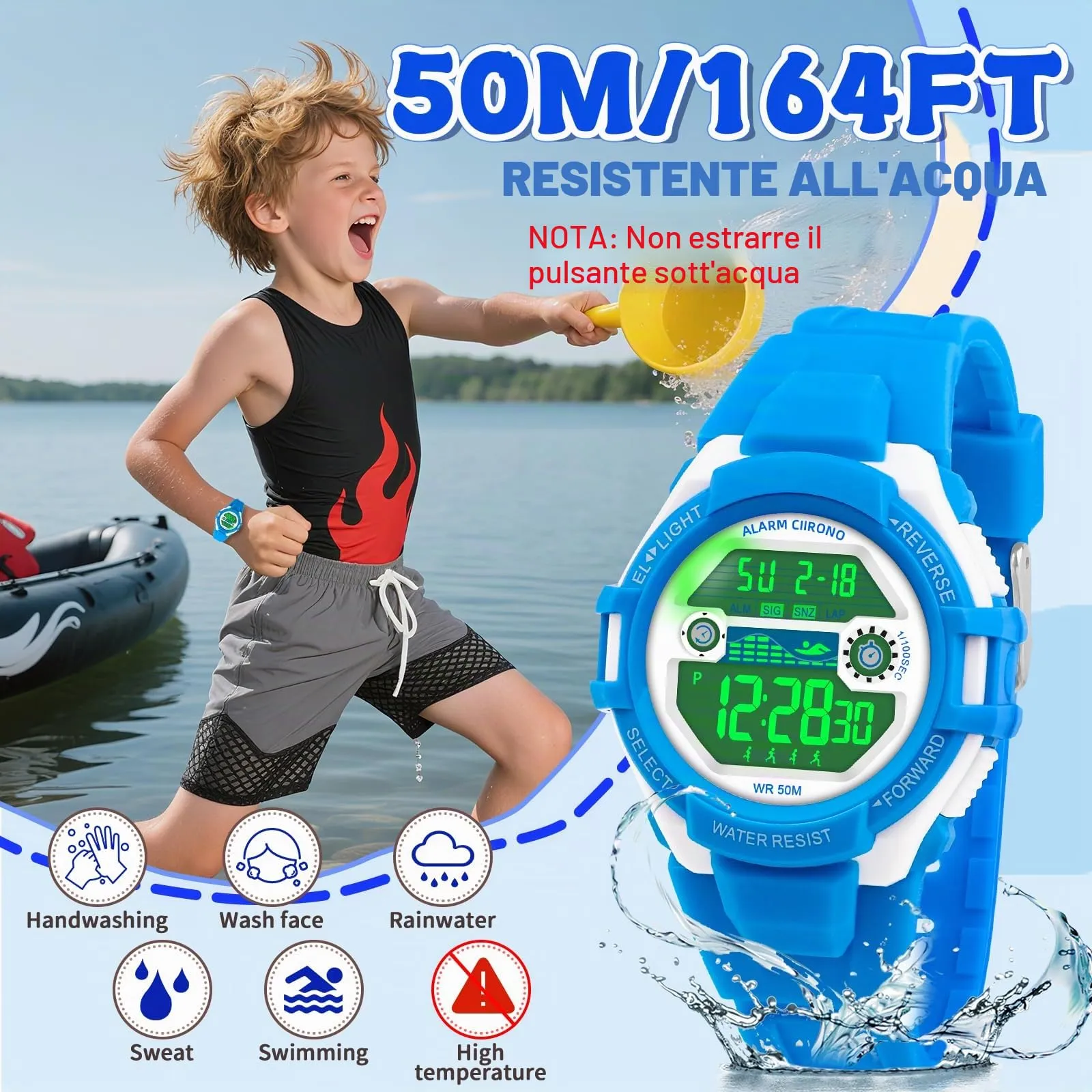 DTKID Orologio Digitale Bambini 7 LED, Sveglia e Timer, 5ATM (Azzurro) - immagine 4