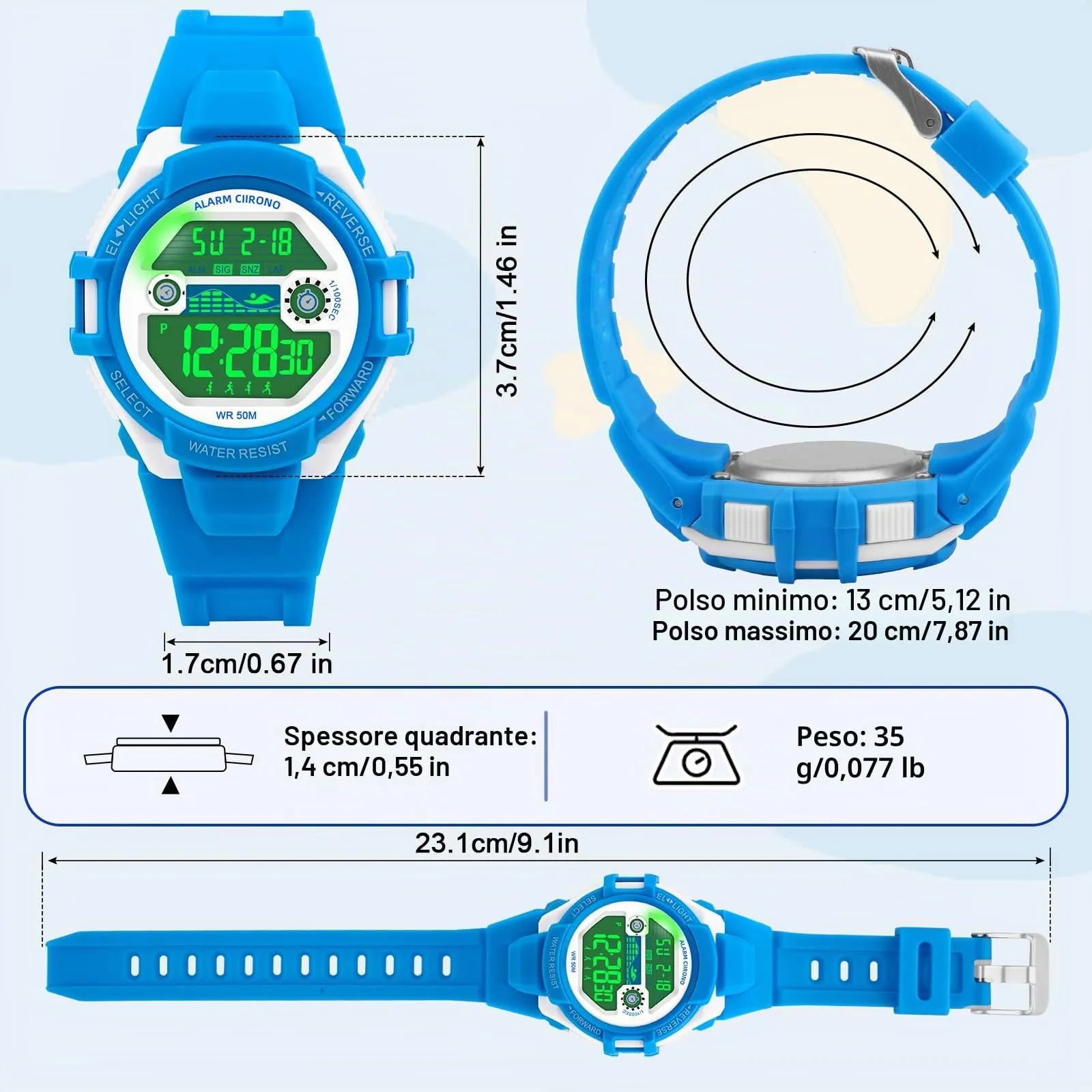 DTKID Orologio Digitale Bambini 7 LED, Sveglia e Timer, 5ATM (Azzurro) - immagine 5