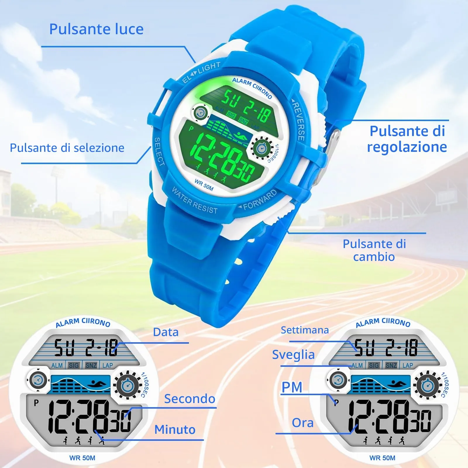 DTKID Orologio Digitale Bambini 7 LED, Sveglia e Timer, 5ATM (Azzurro) - immagine 6