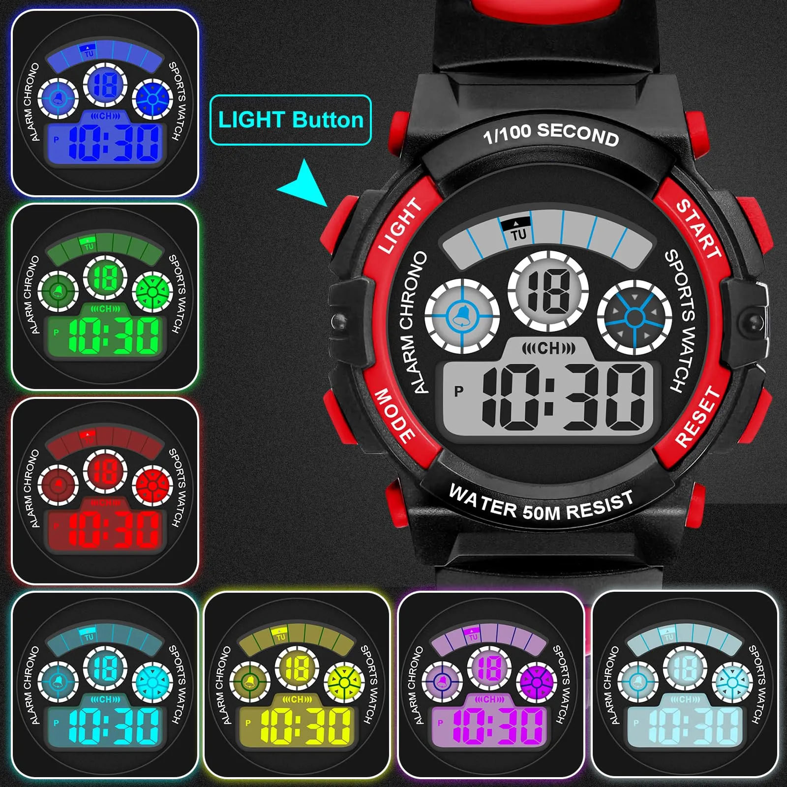 DTKID Orologio Digitale Bambini, LED 7 Colori, Sveglia, Timer, 5ATM Sport - immagine 2